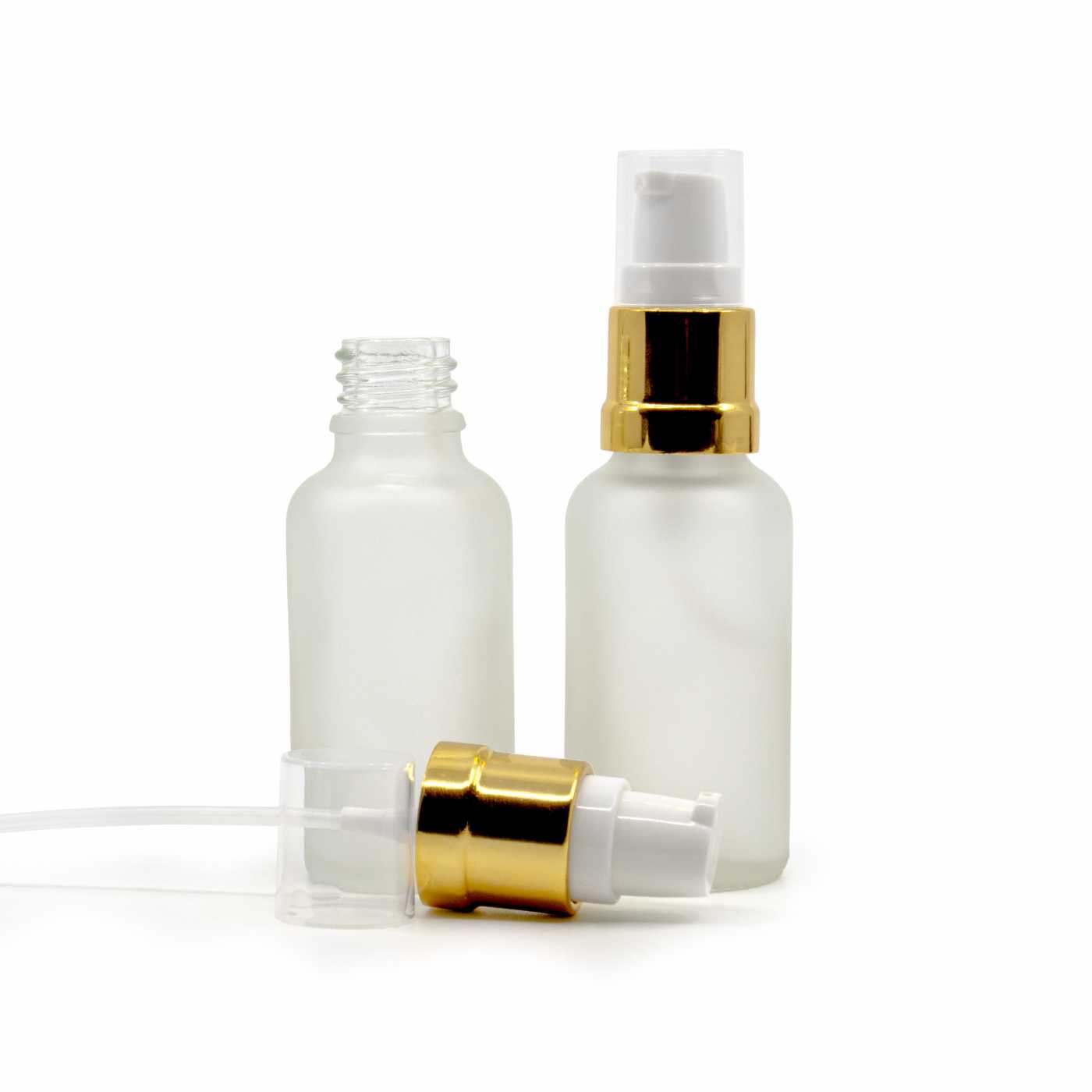 Sklenená fľaška, priehľadná mliečna, bielo-zlatý lesklý dávkovač, 30 ml