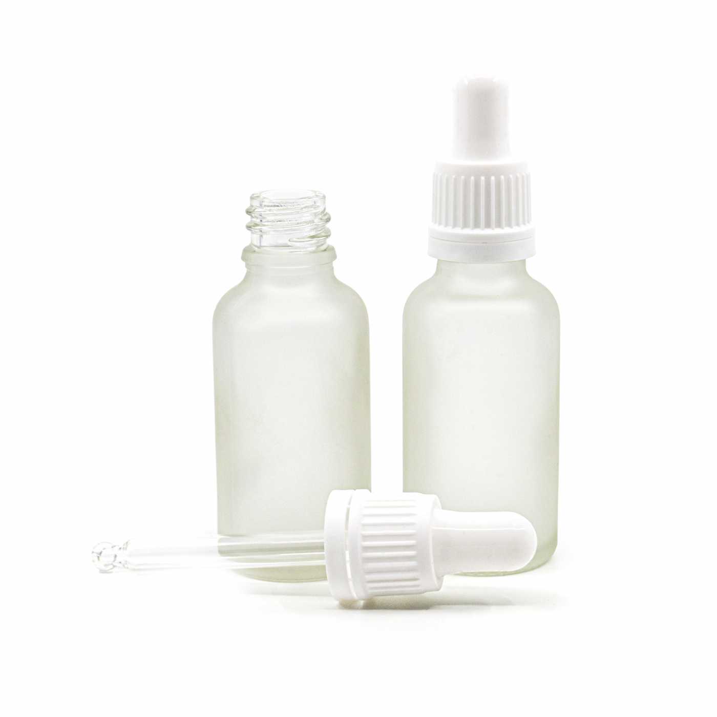 Sklenená fľaška, priehľadná mliečna, biele kvapátko, 30 ml