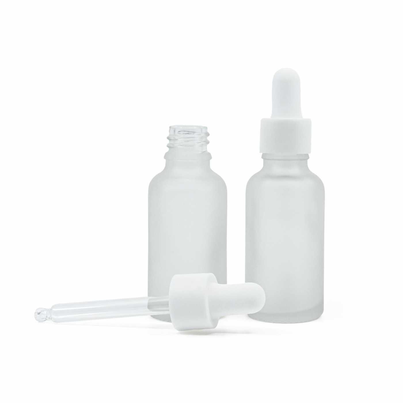 Sklenená fľaška, priehľadná mliečna, biele matné hladké kvapátko, 30 ml