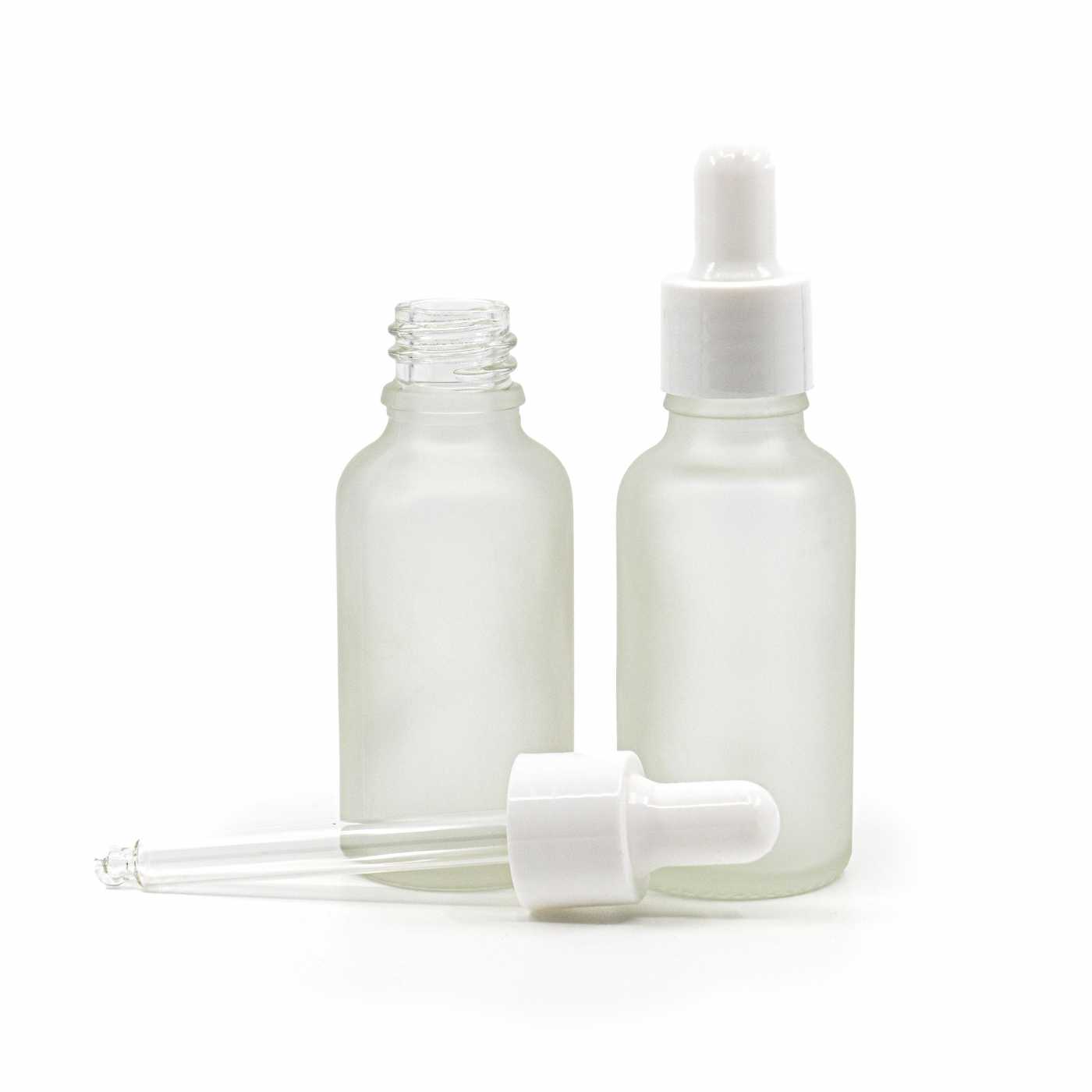 Sklenená fľaška, priehľadná mliečna, biele lesklé kvapátko, 30 ml