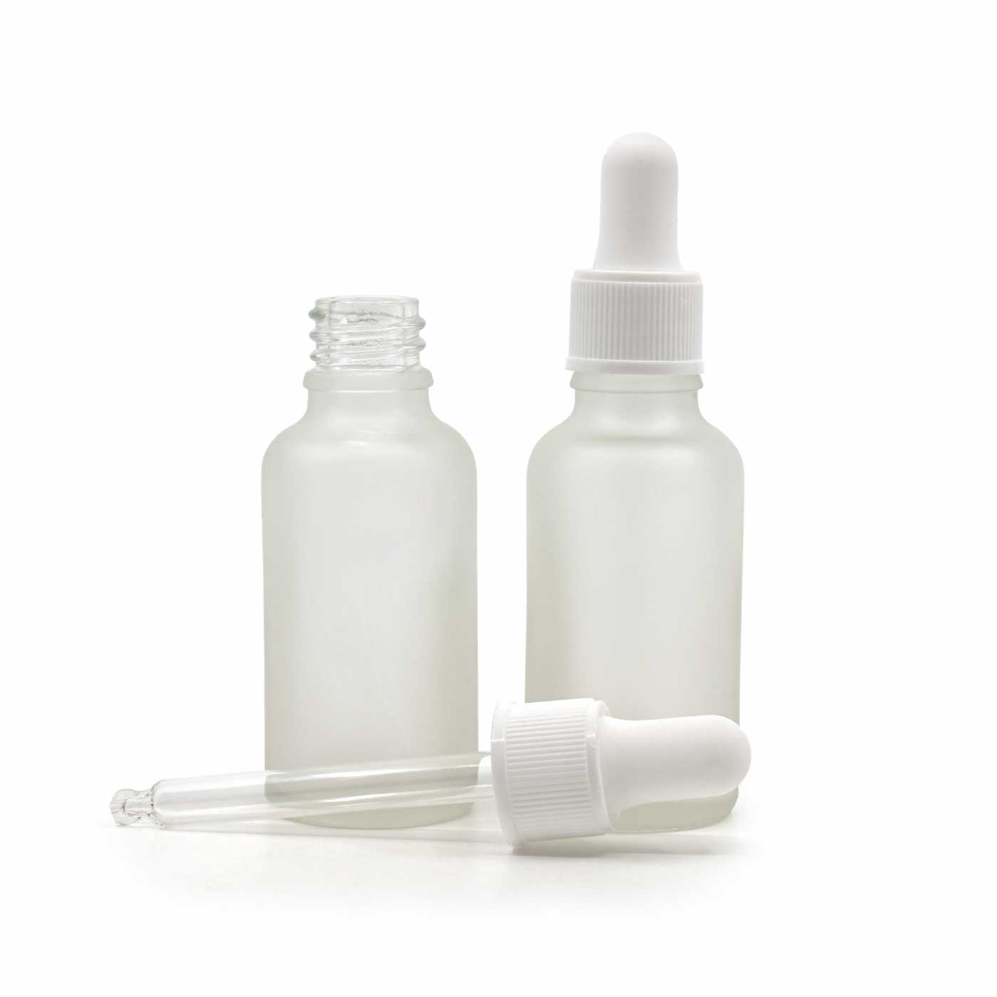 Átlátszó fagyasztott üvegpalack, matt fehér cseppentő, 30 ml
