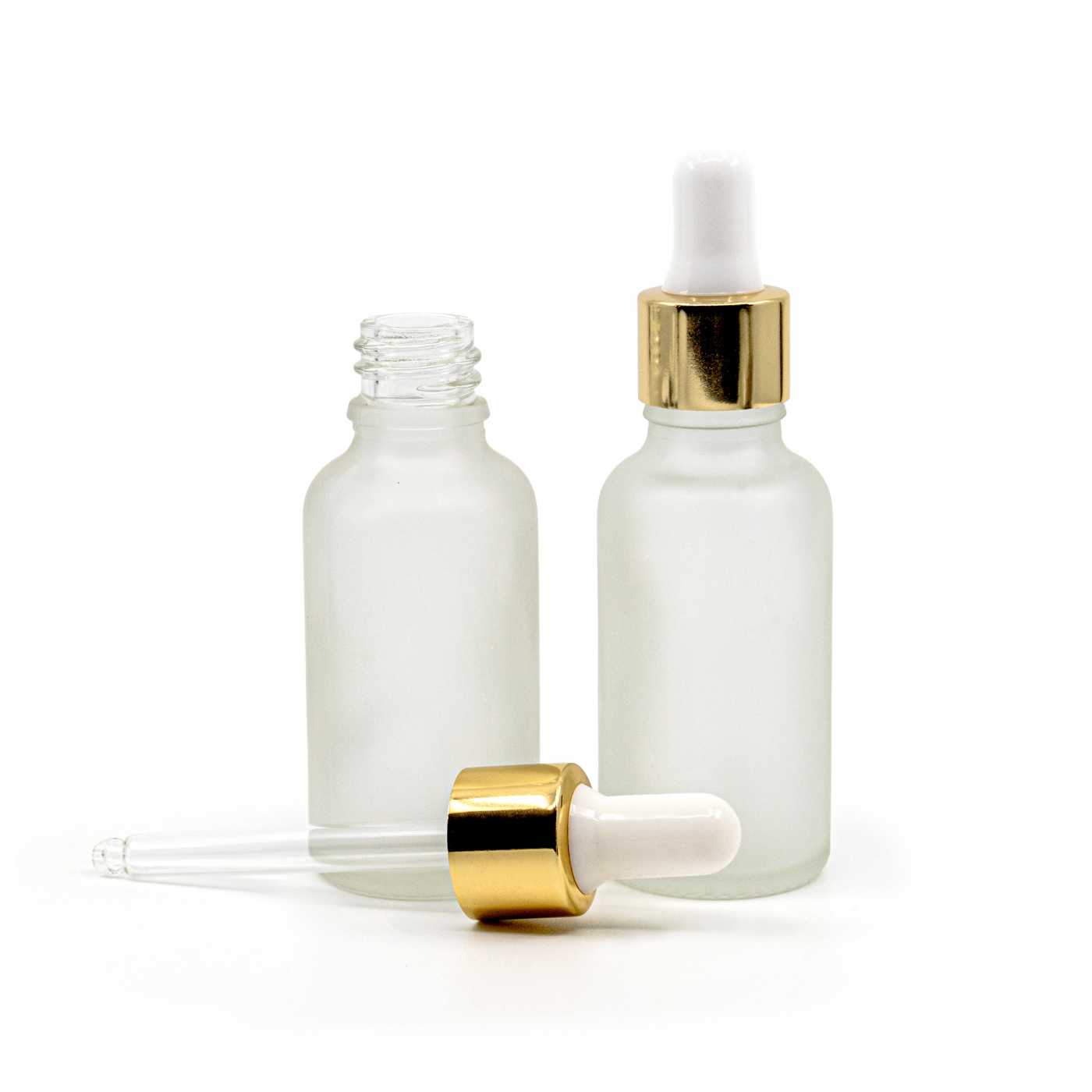 Sklenená fľaška, priehľadná mliečna, bielo-zlaté kvapátko, 30 ml