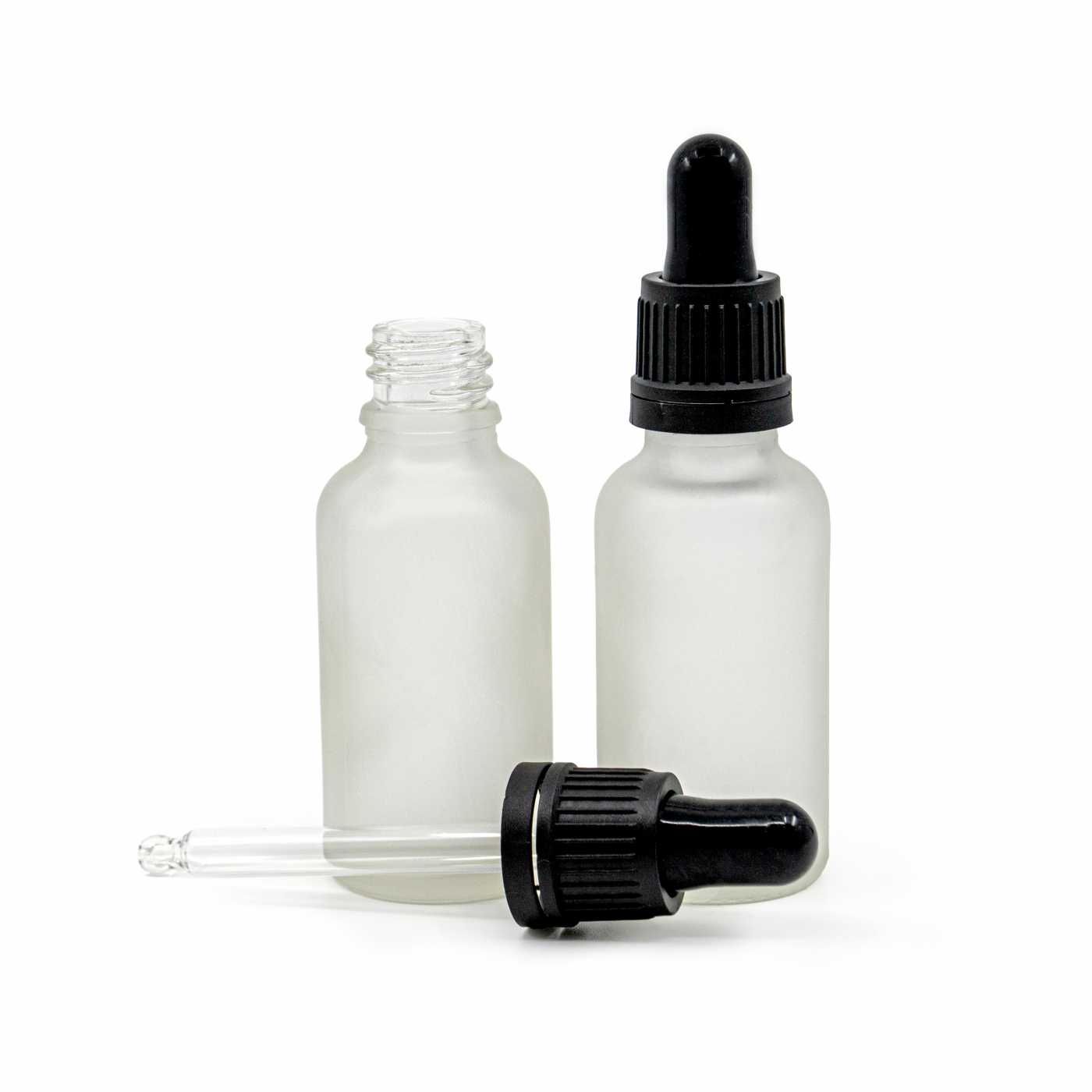 Sklenená fľaška, priehľadná mliečna, čierne kvapátko, 30 ml