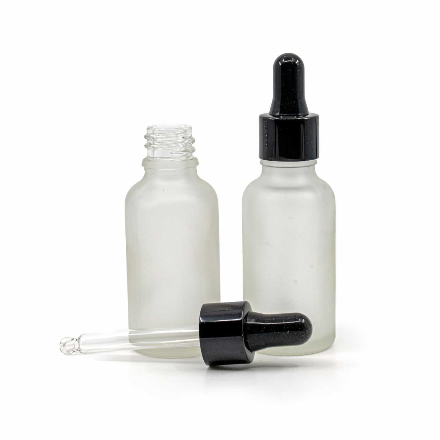 Sklenená fľaška, priehľadná mliečna, čierne lesklé kvapátko, 30 ml