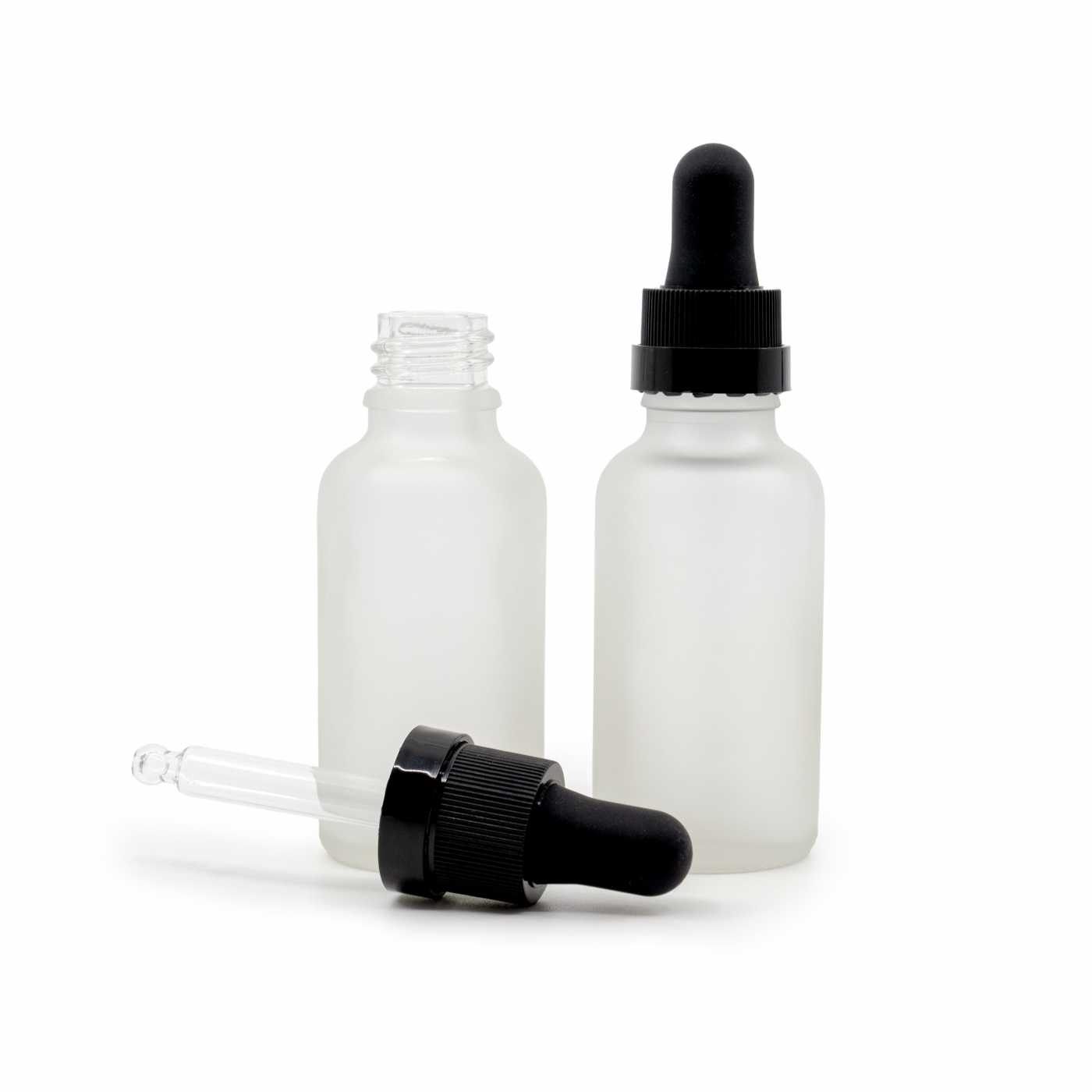 Sklenená fľaška, priehľadná mliečna, čierne kvapátko s lesklým prúžkom, 30 ml