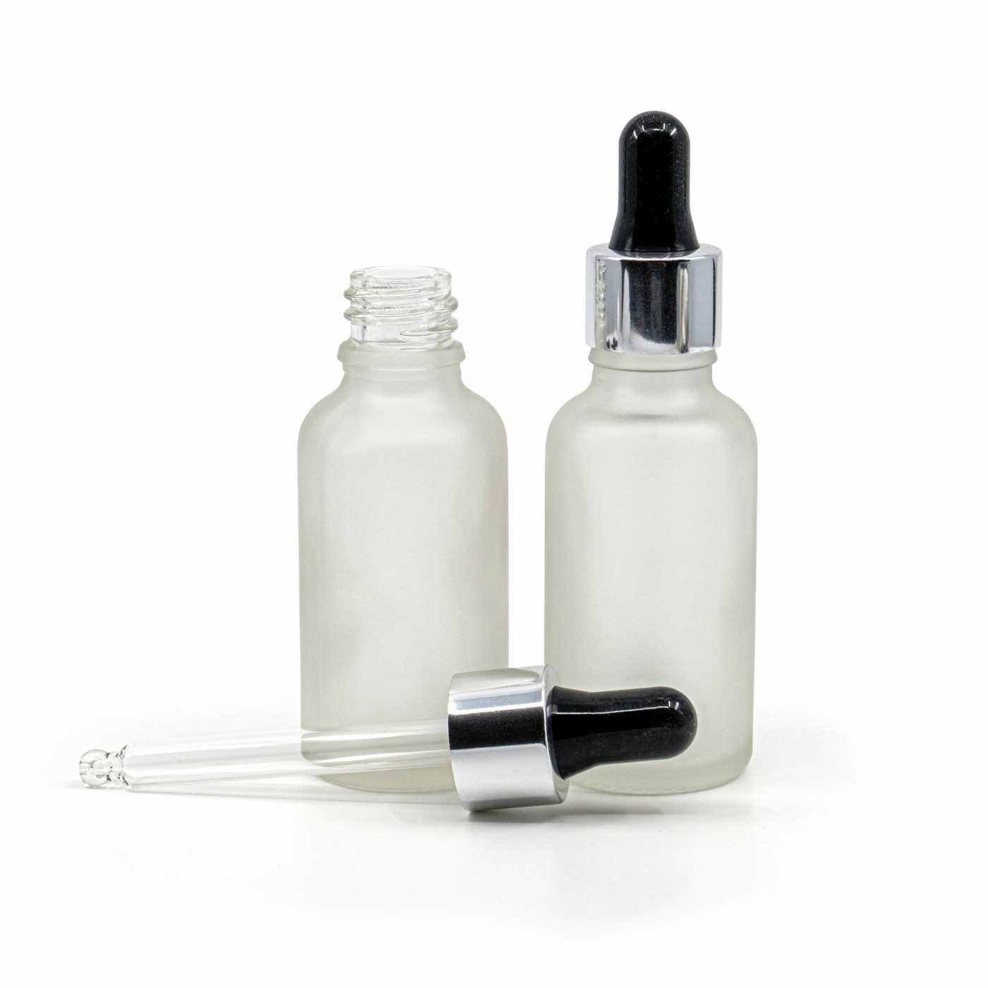 Sklenená fľaška, priehľadná mliečna, čierno-strieborné kvapátko, 30 ml
