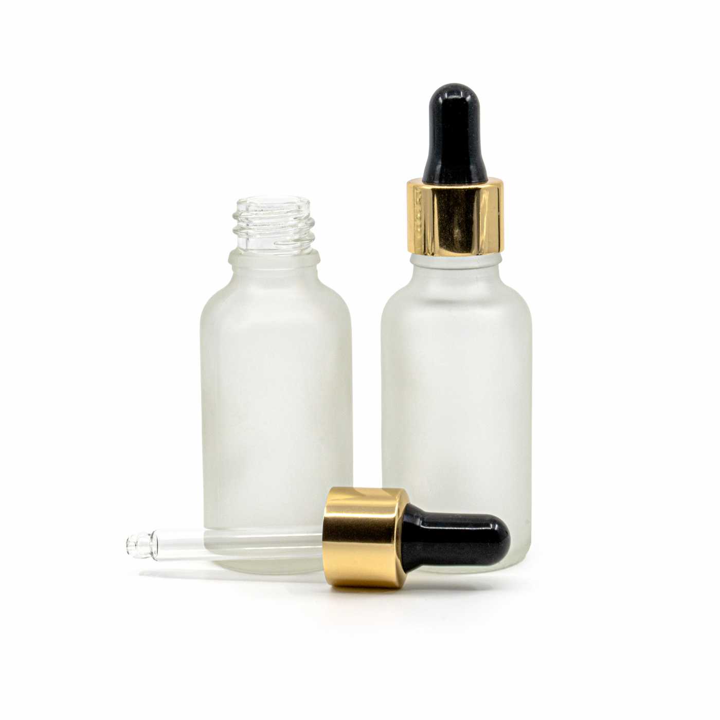 Sklenená fľaška, priehľadná mliečna, čierno-zlaté kvapátko, 30 ml