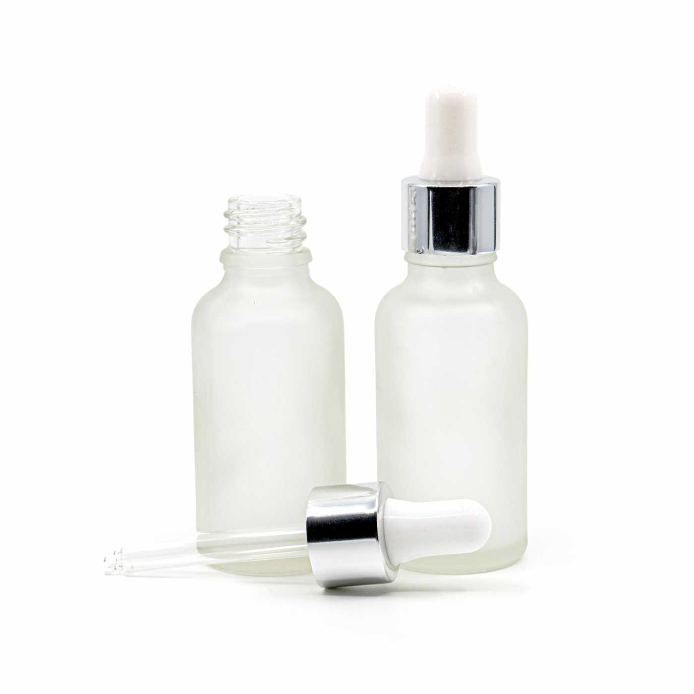 Butelka szklana, przezroczysta mleczna, kroplomierz srebrny, 30 ml