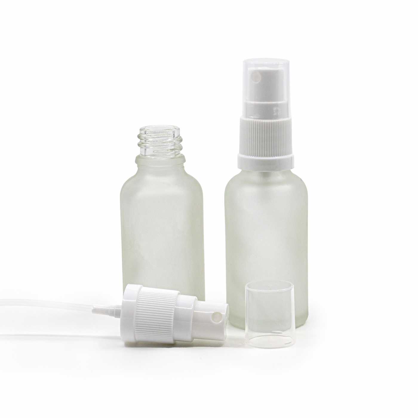 Sklenená fľaška, priehľadná mliečna, biely rozprašovač, 30 ml