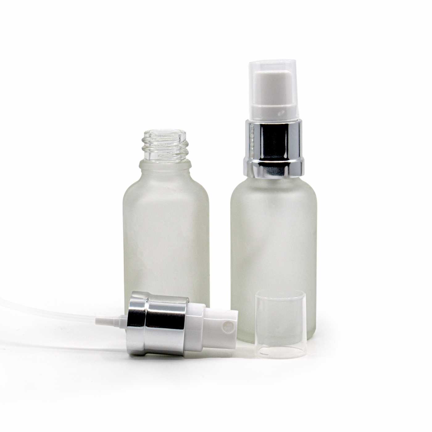 Sklenená fľaška, priehľadná mliečna, bielo-strieborný rozprašovač, 30 ml