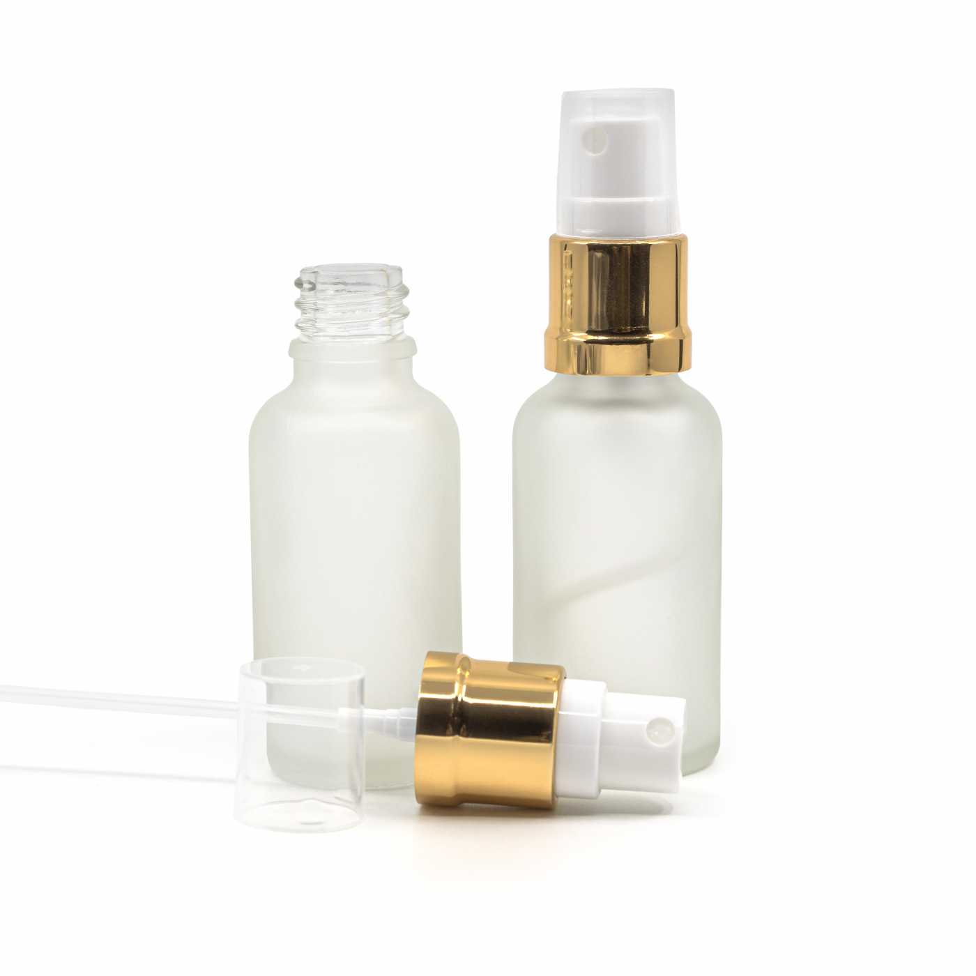 Flacon en verre dépoli transparent, pompe spray blanc or brillant, 30 ml