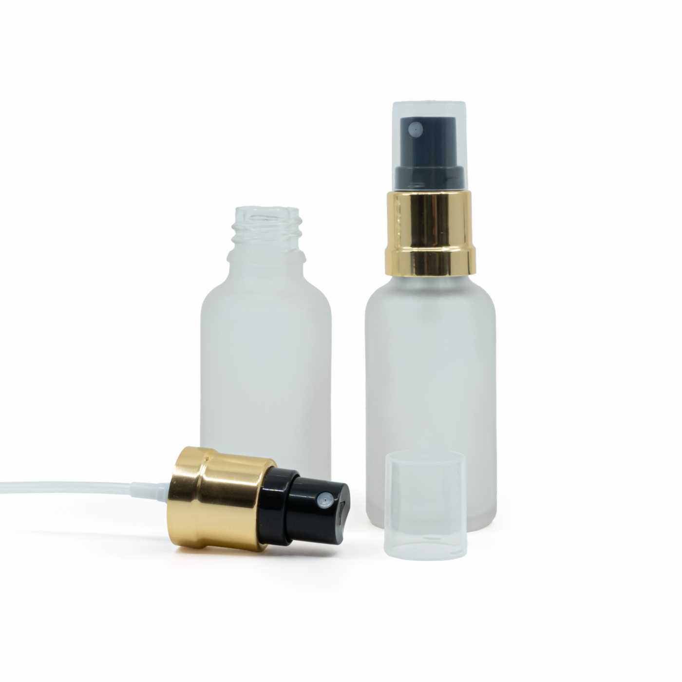 Butelka szklana, przezroczysta mleczna, czarno-złoty atomizer, 30 ml