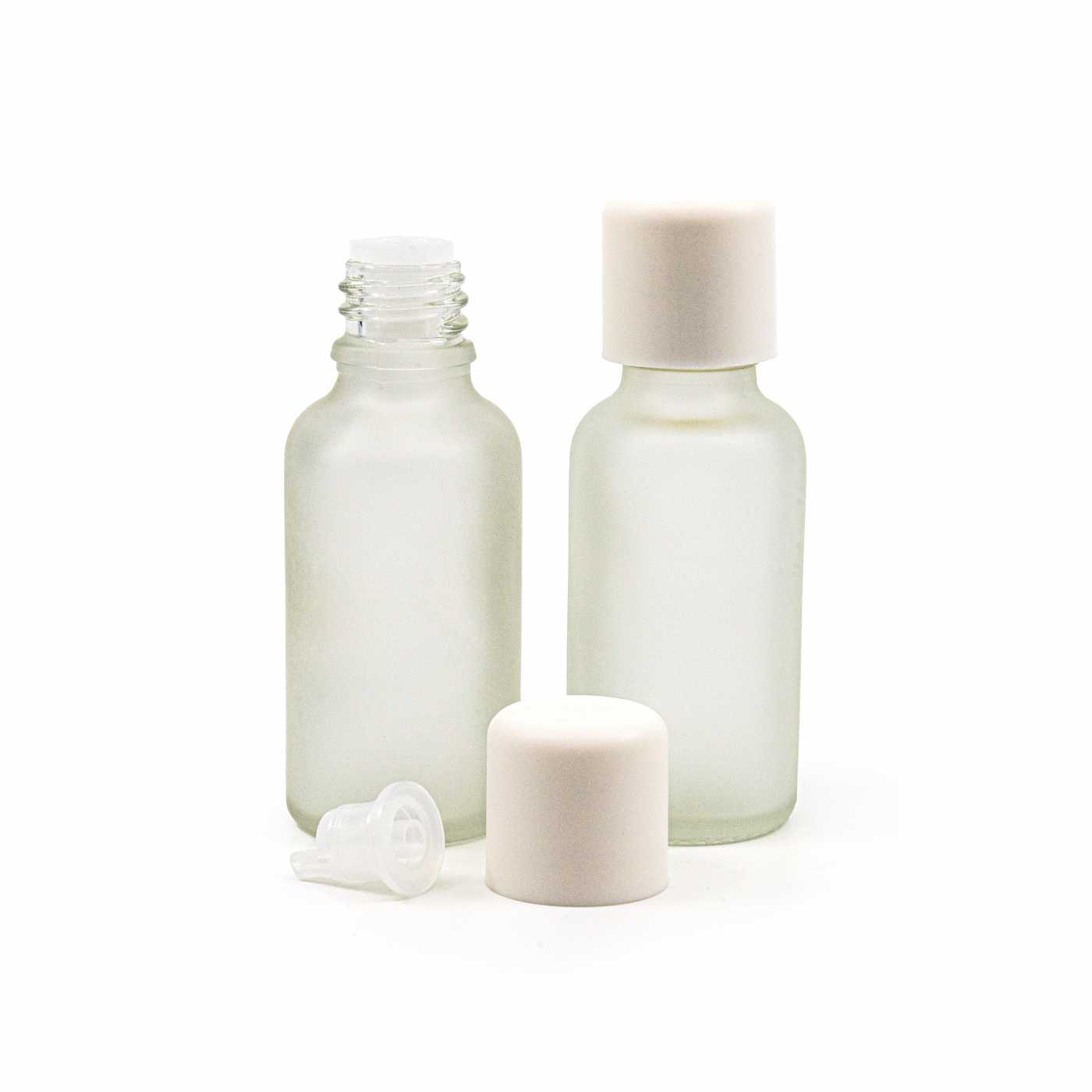 Átlátszó fagyasztott üvegpalack, fehér biztonsági kupak cseppentővel, 30 ml