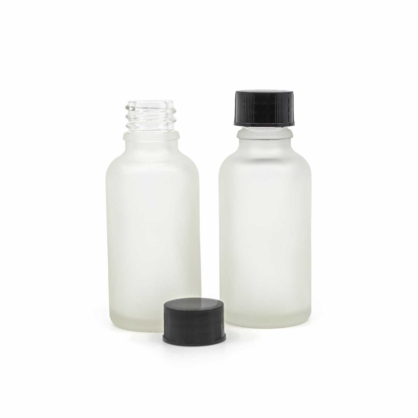 Butelka szklana, przezroczysta mleczna, czarna nakrętka, 30 ml