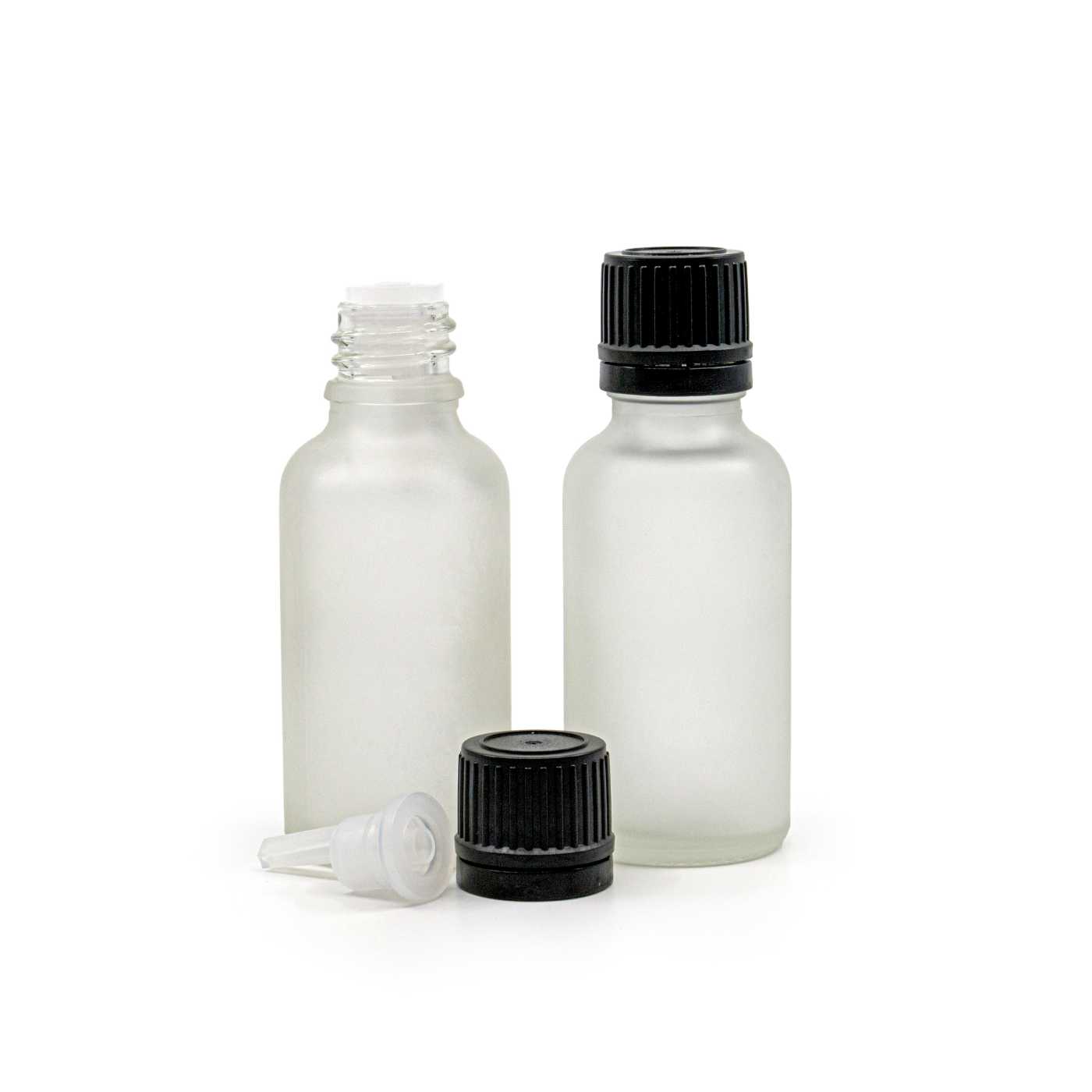 Átlátszó matt üvegcse, fekete kupak pipettával, 30 ml