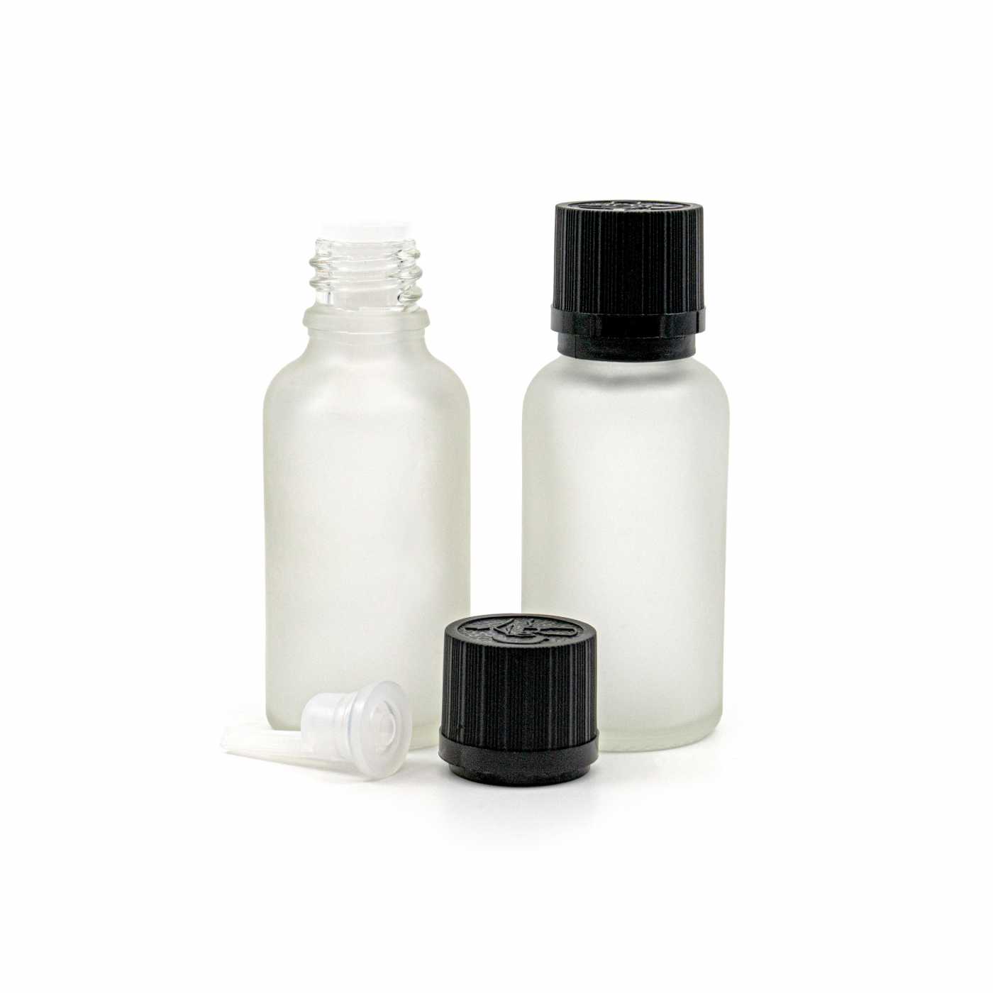 Butelka szklana, przezroczysta mleczna, czarna ryflowana nakrętka z zabezpieczeniem, 30 ml