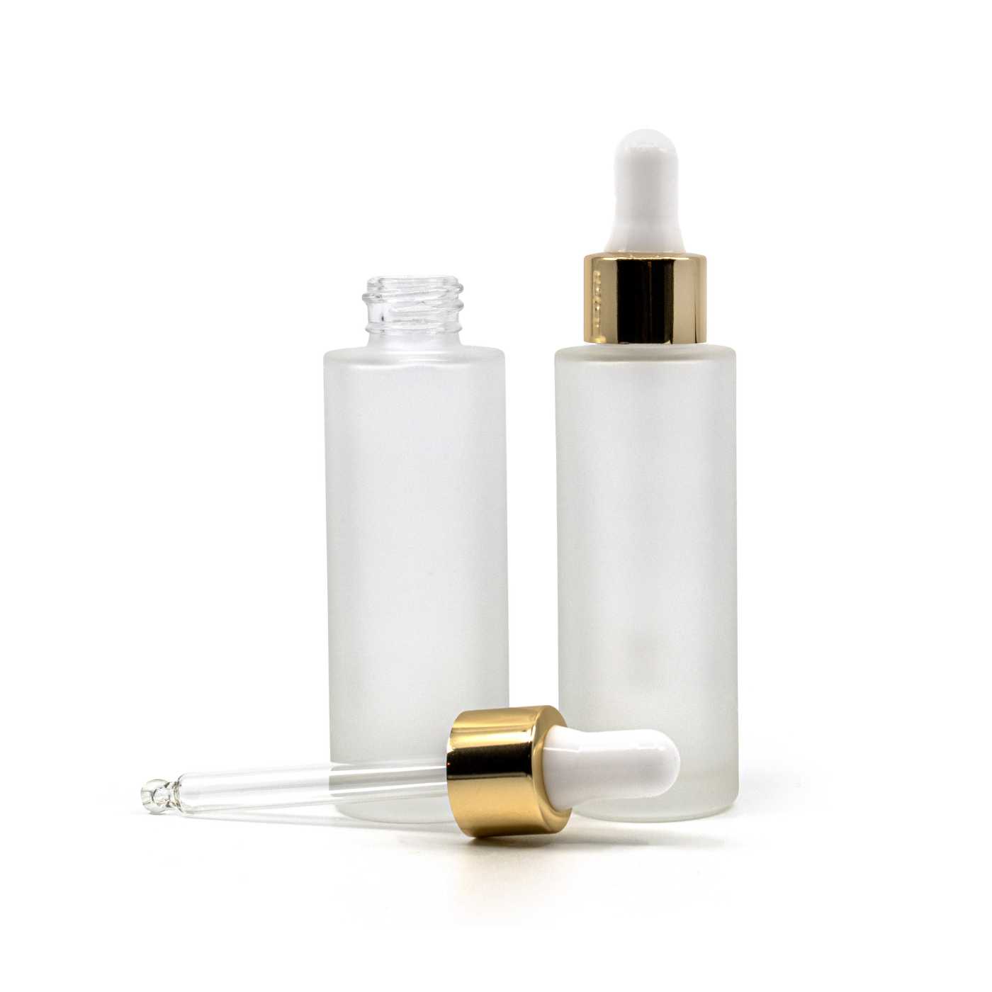 Butelka szklana matowa, wysoka, biało-złoty kroplomierz, 30 ml