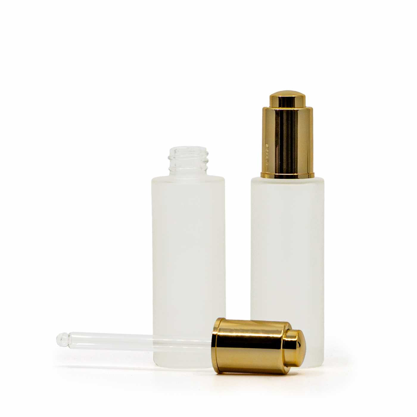 Vysoká matná skleněná lahvička se zlatým push kapátkem 30 ml