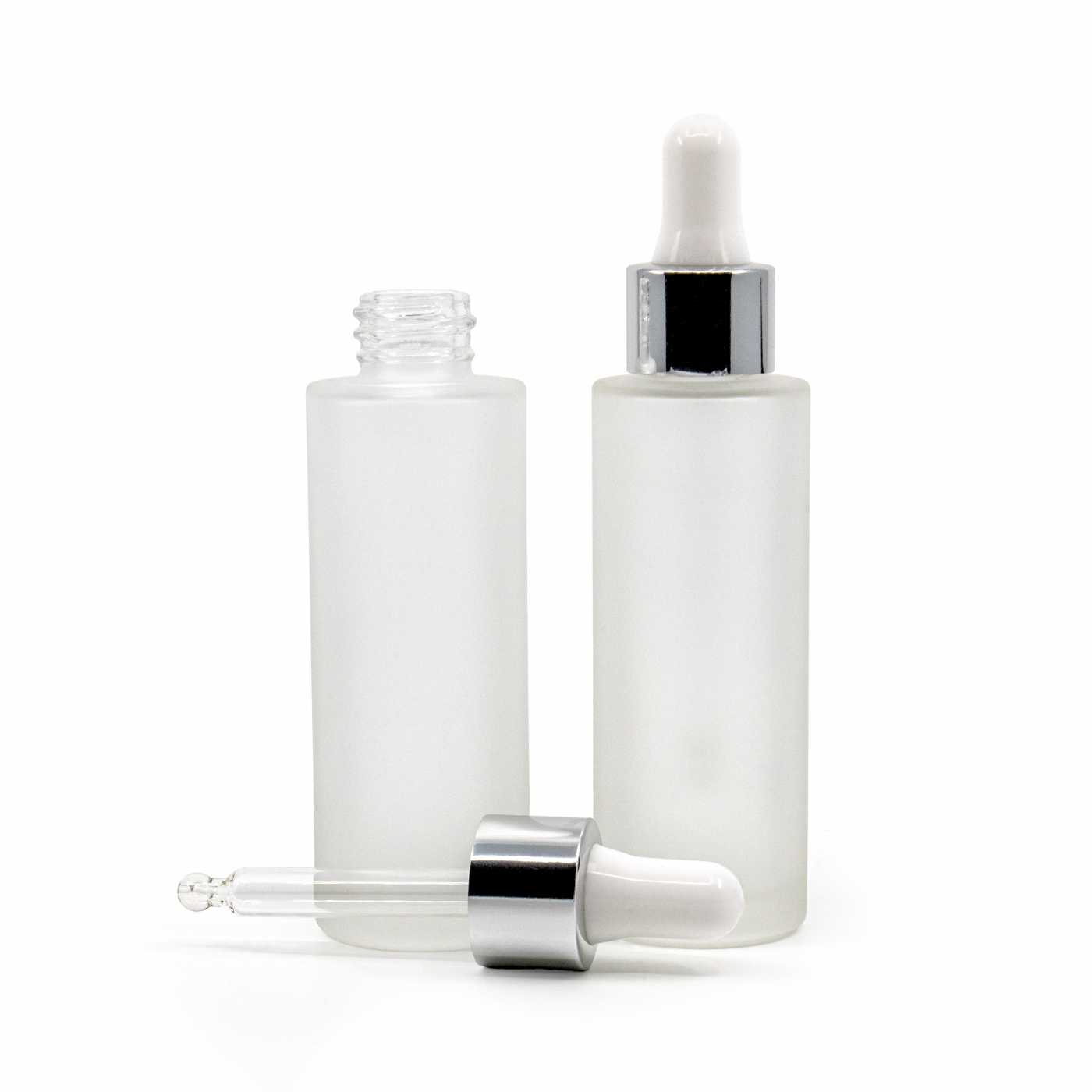 Botella de vidrio esmerilado, alta, cuentagotas blanco plateado brillante, 30 ml