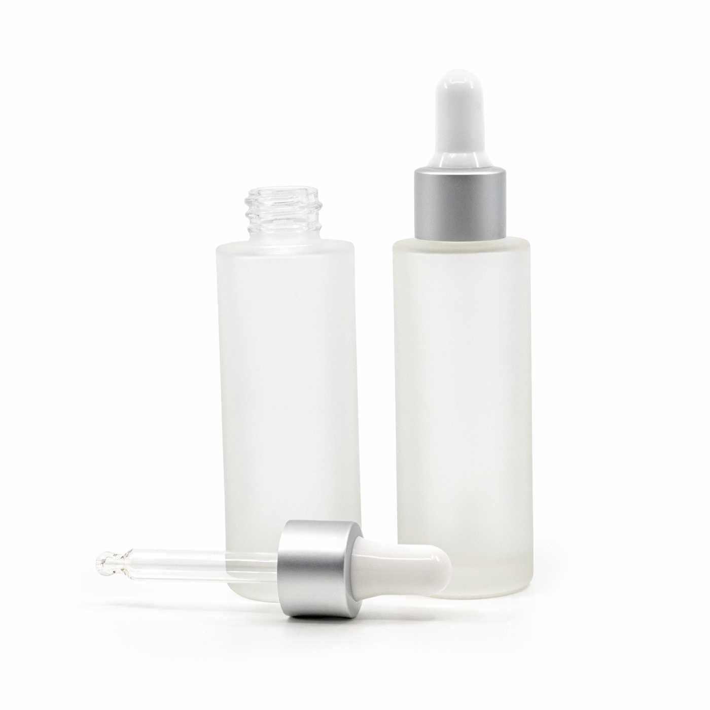 Butelka szklana matowa, wysoka, biało-srebrny matowy kroplomierz, 30 ml