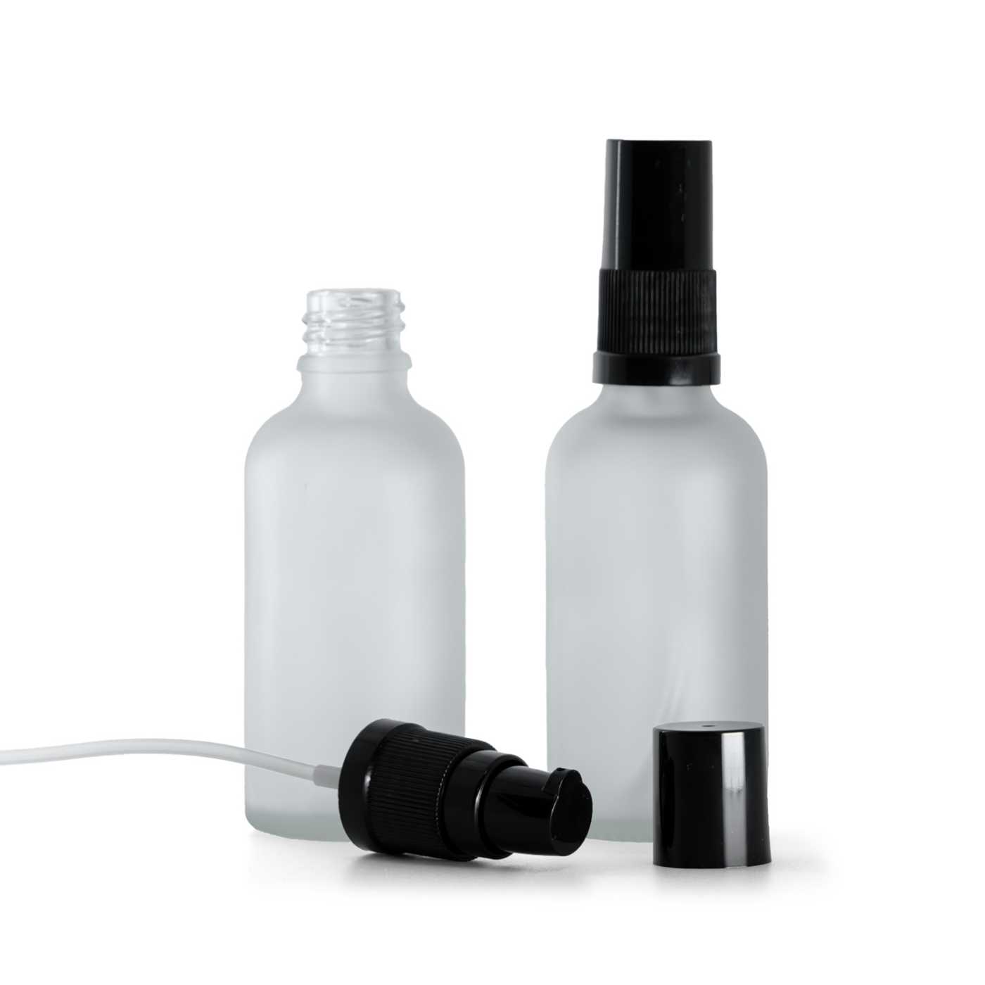 Butelka szklana, przezroczysta mleczna, pompka do kremów z czarnym kapturkiem, 50 ml