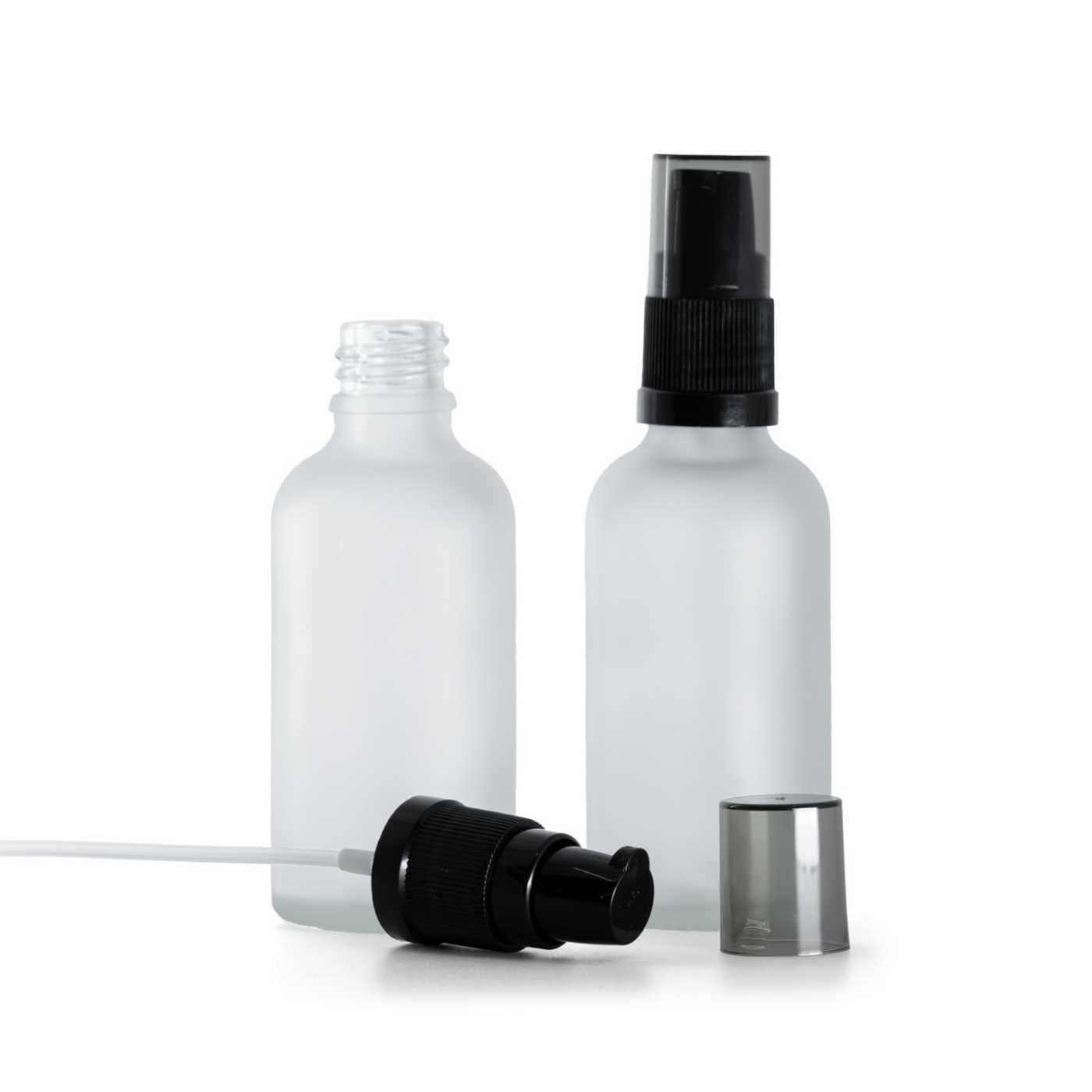 Butelka szklana, przezroczysta mleczna, pompka do kremów z przydymionym kapturkiem, 50 ml