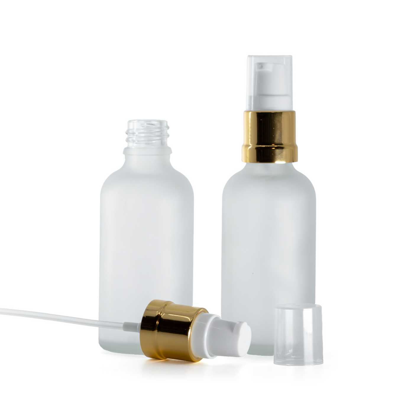 Sklenená fľaška, priehľadná mliečna, bielo-zlatý lesklý dávkovač, 50 ml