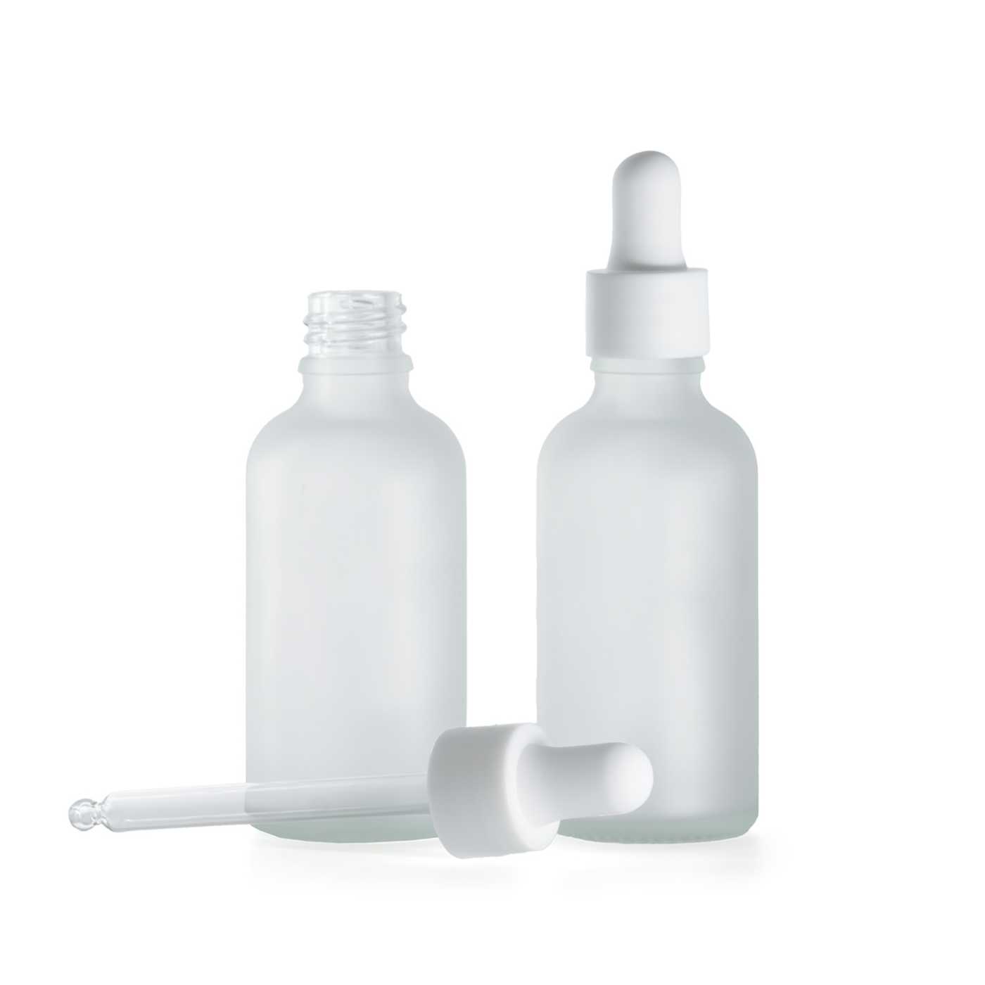 Sklenená fľaška, priehľadná mliečna, biele matné hladké kvapátko, 50 ml