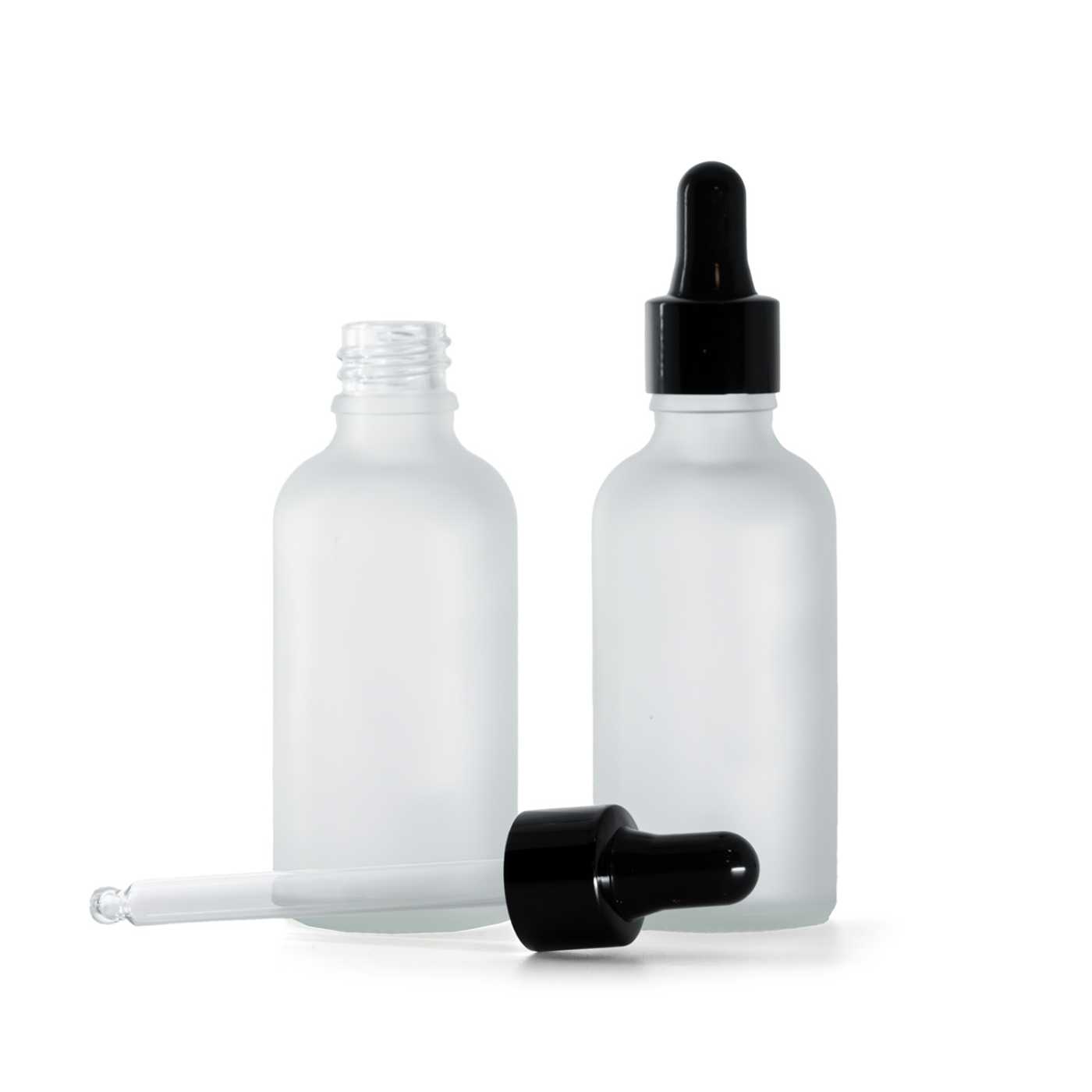 Sklenená fľaška, priehľadná mliečna, čierne lesklé kvapátko, 50 ml