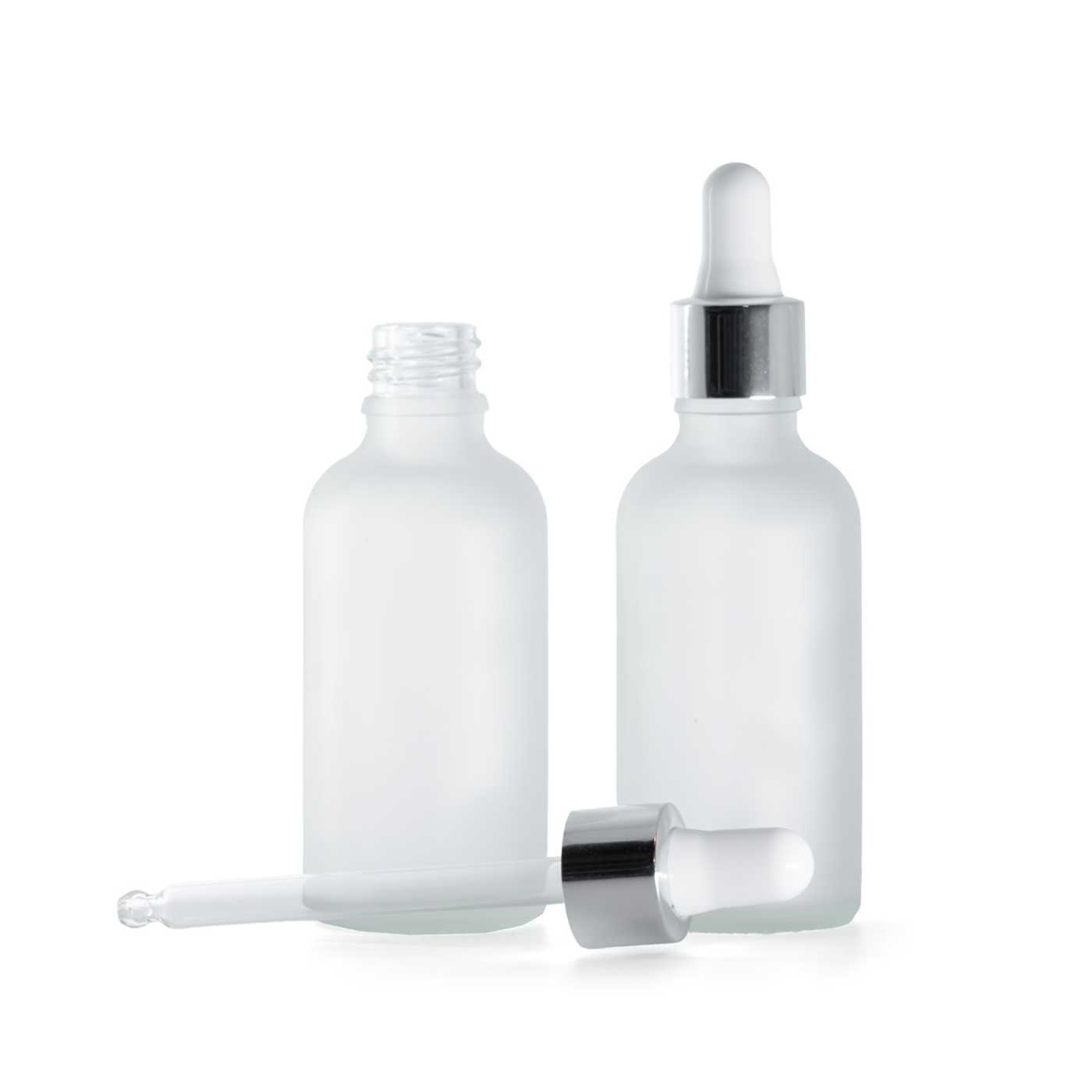 Butelka szklana, przezroczysta mleczna, kroplomierz srebrny, 50 ml