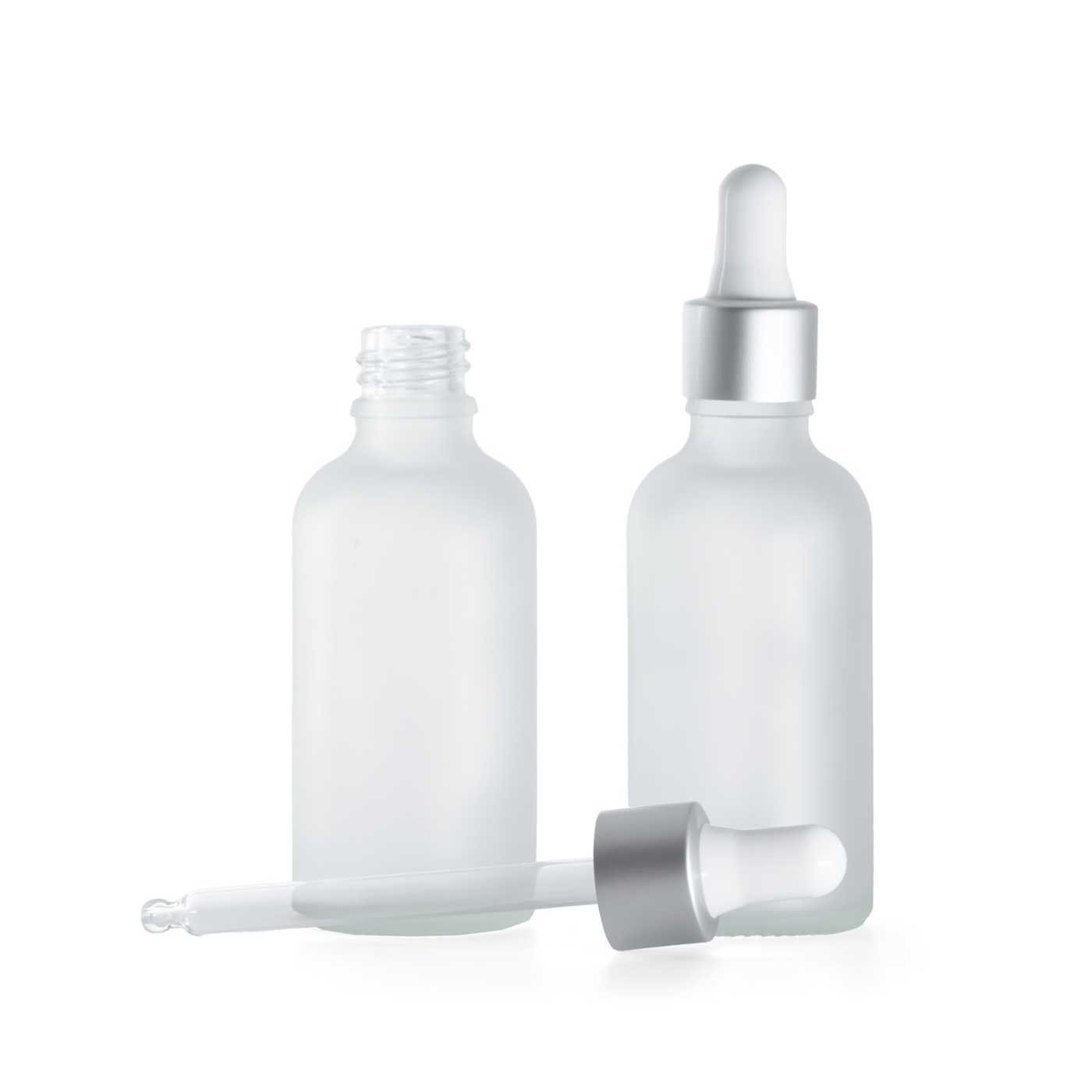 Butelka szklana, przezroczysta mleczna, kroplomierz srebrny matowy, 50 ml