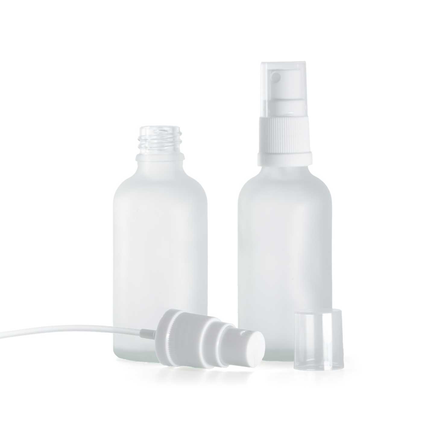 Sklenená fľaška, priehľadná mliečna, biely rozprašovač, 50 ml