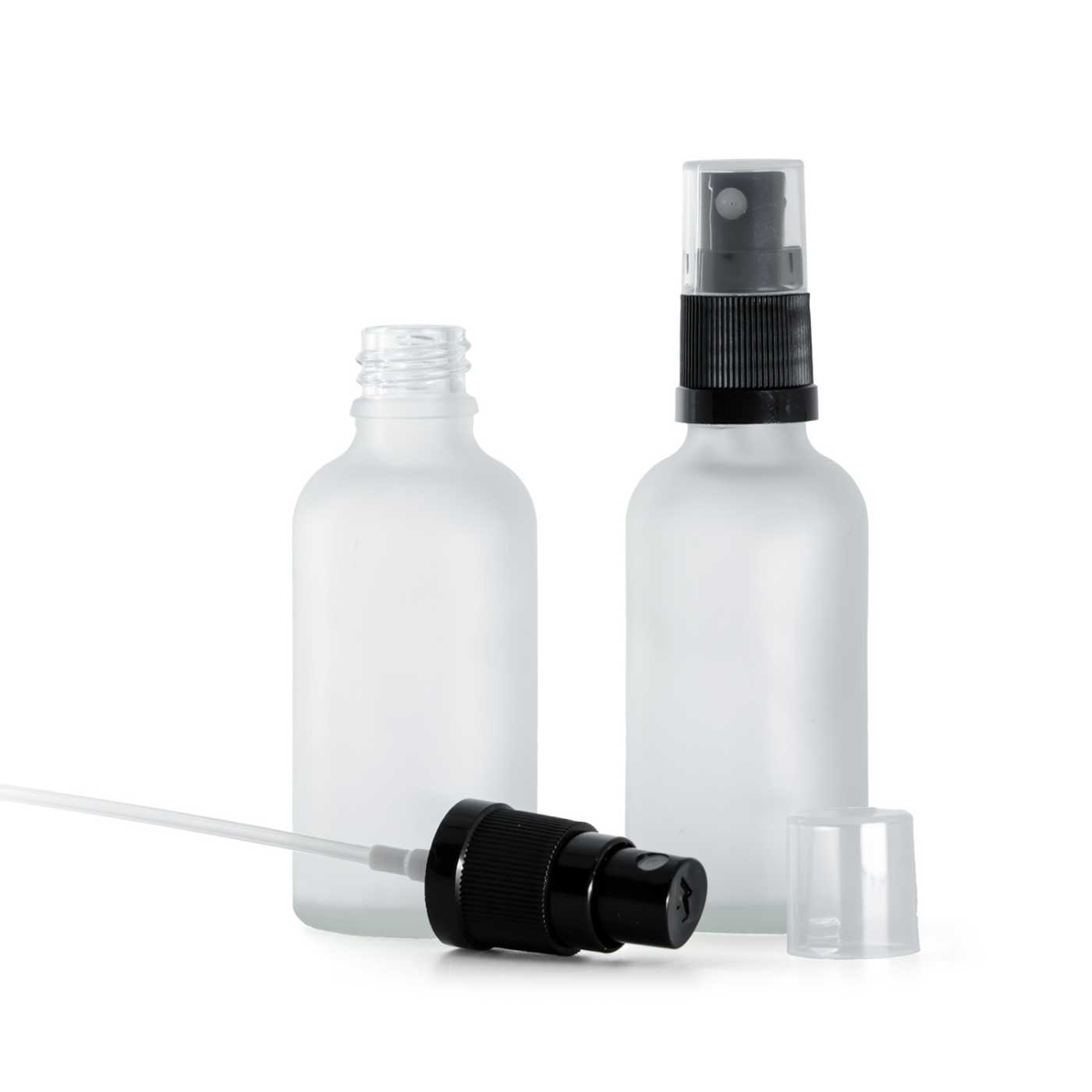 Butelka szklana, przezroczysta mleczna, czarny atomizer, 50 ml