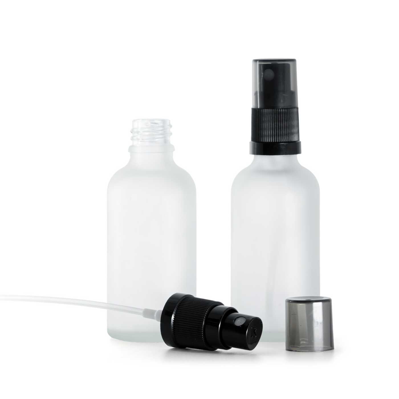 Butelka szklana, przezroczysta mleczna, czarny atomizer, przydymiony kapturek, 50 ml