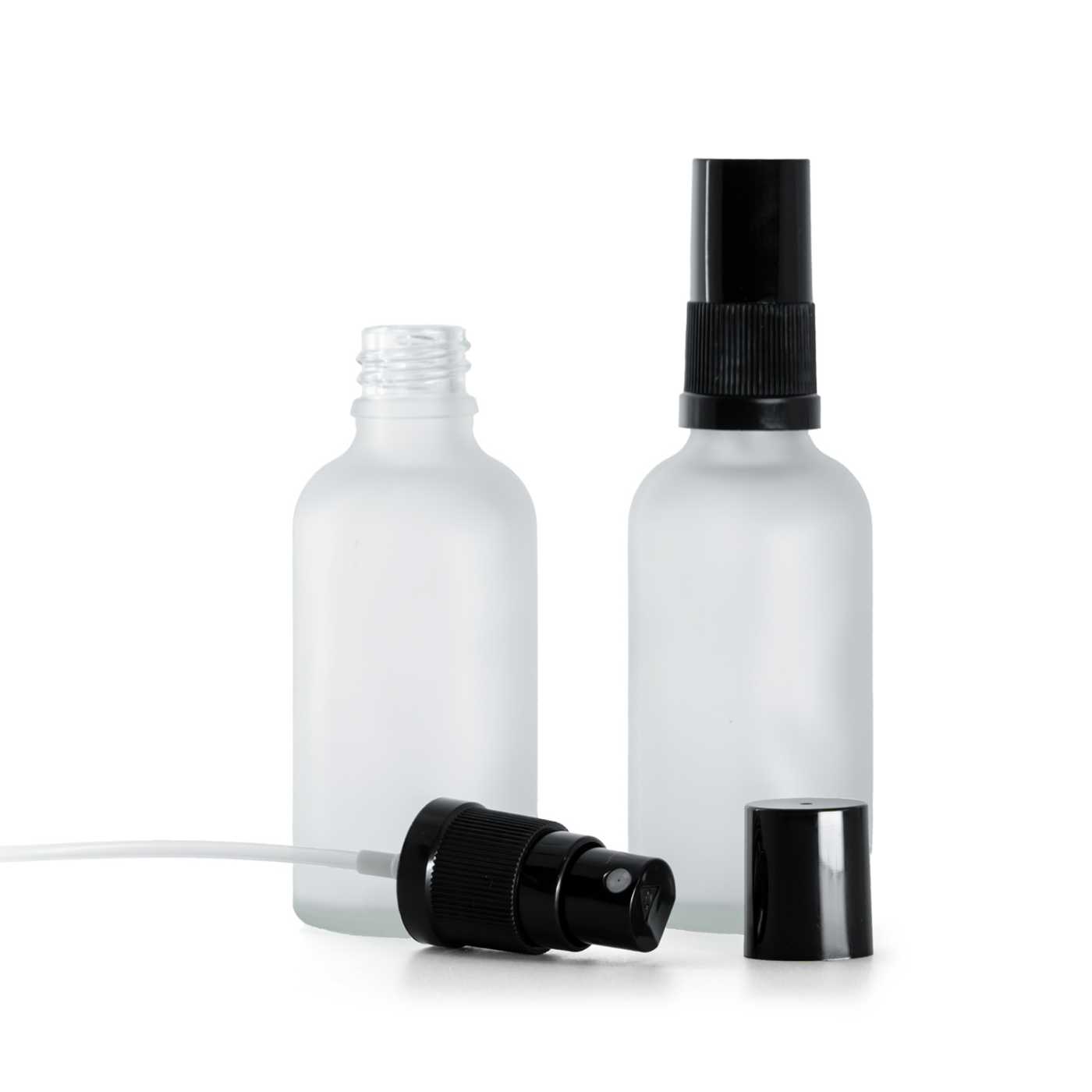 Butelka szklana, przezroczysta mleczna, czarny atomizer, czarny kapturek, 50 ml