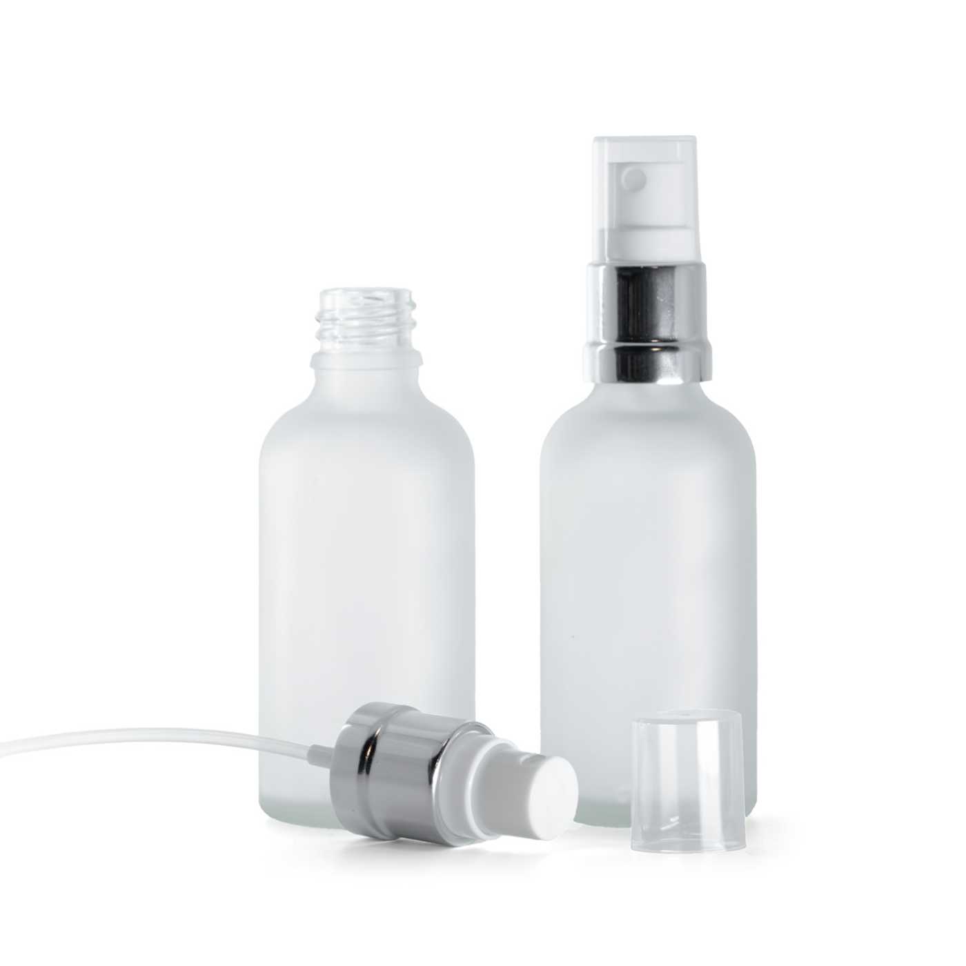 Sklenená fľaška, priehľadná mliečna, bielo-strieborný rozprašovač, 50 ml