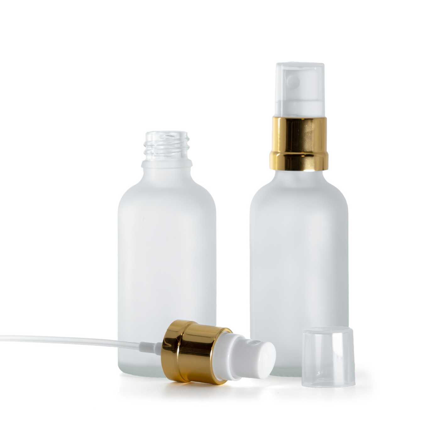 Sklenená fľaška, priehľadná mliečna, bielo-zlatý rozprašovač, 50 ml