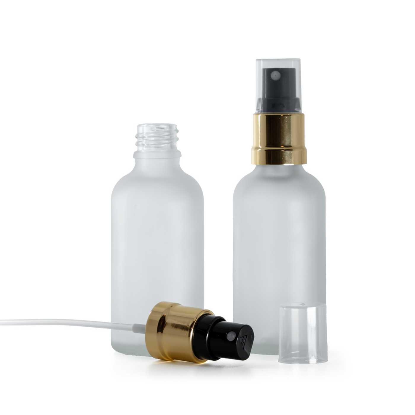Butelka szklana, przezroczysta mleczna, czarno-złoty atomizer, 50 ml
