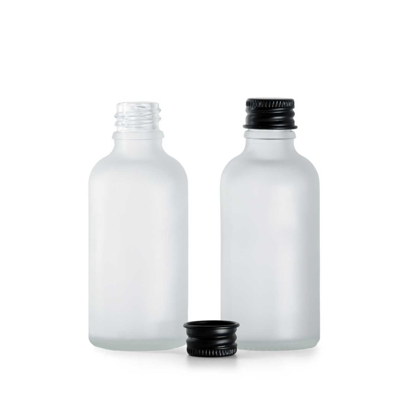 Butelka szklana, przezroczysta mleczna, czarna nakrętka aluminiowa, 50 ml