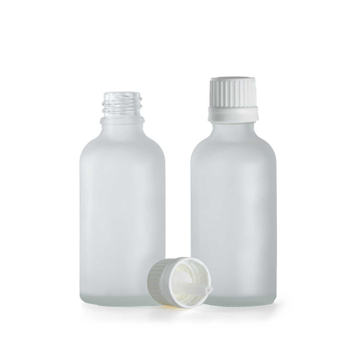 Sklenená fľaška, priehľadná mliečna, biely vrchnák s kvapátkom, 50 ml