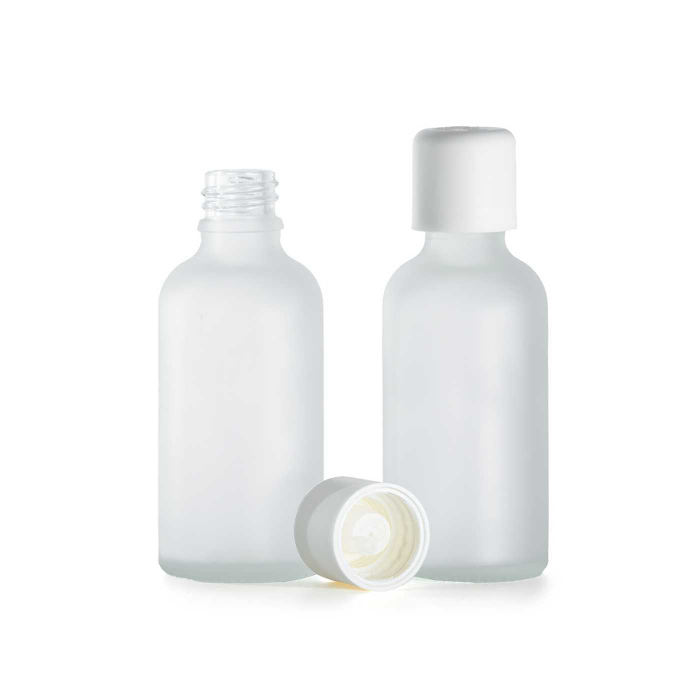 Sklenená fľaška, priehľadná mliečna, biely vrchnák s poistkou, 50 ml