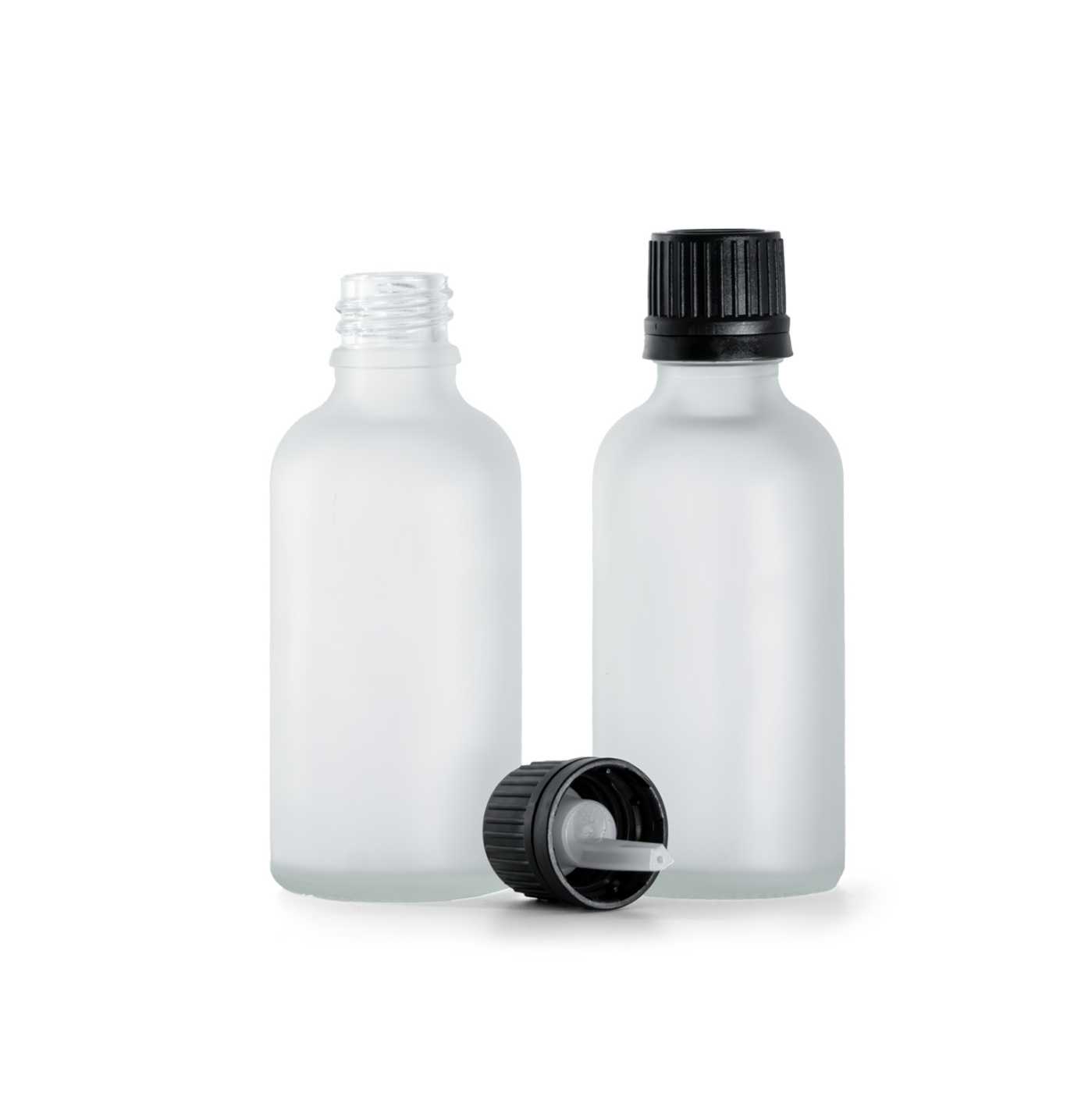 Butelka szklana, przezroczysta mleczna, czarna nakrętka z kroplomierzem, 50 ml
