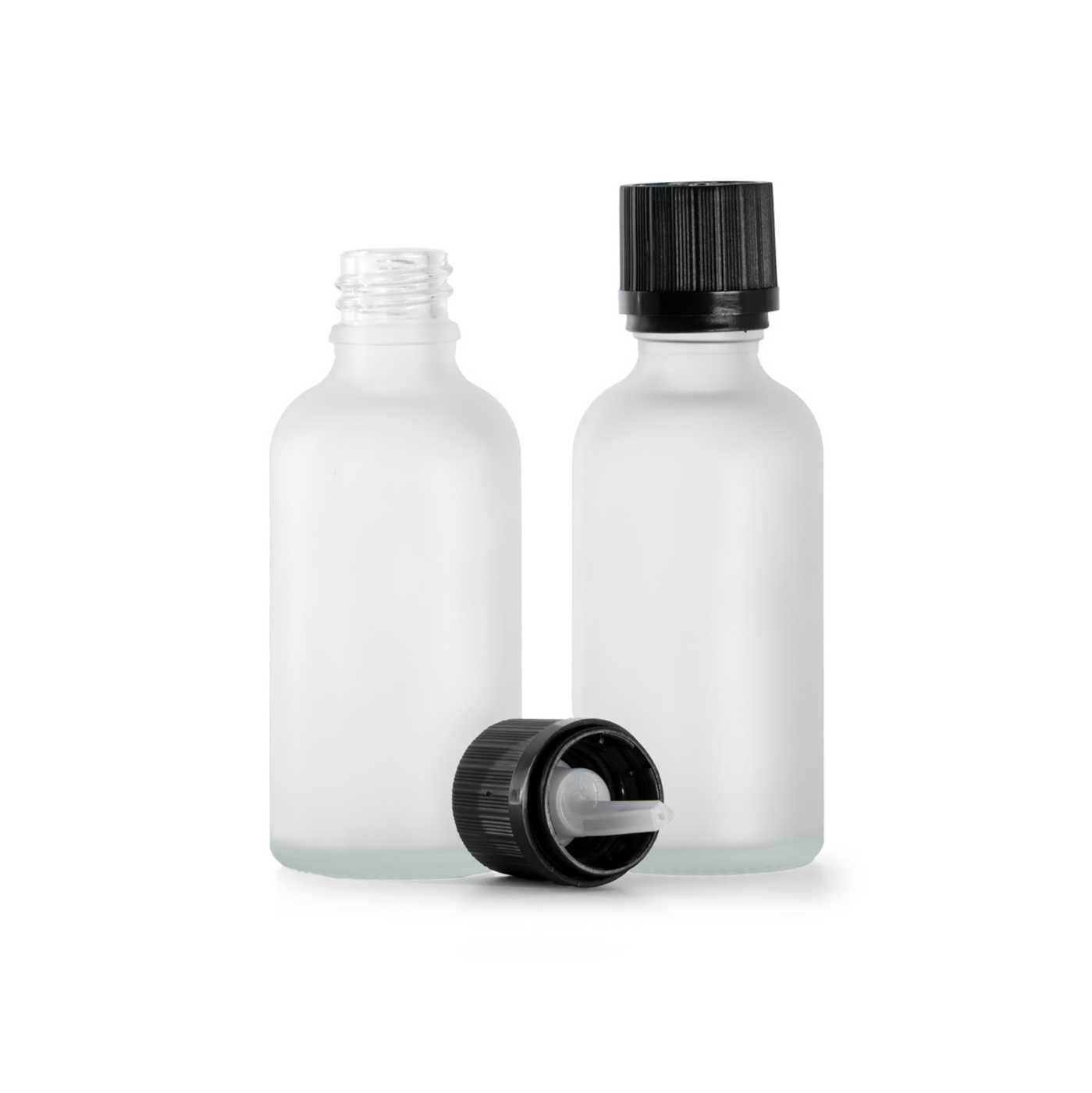 Butelka szklana, przezroczysta mleczna, czarna ryflowana nakrętka z zabezpieczeniem, 50 ml