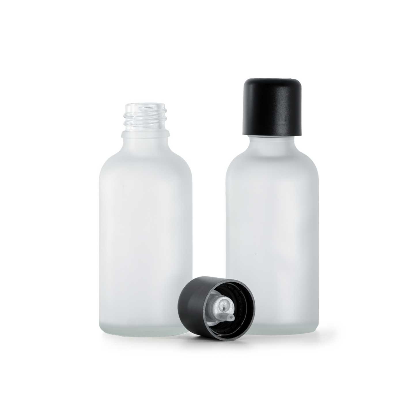 Butelka szklana, przezroczysta mleczna, czarna nakrętka z zabezpieczeniem, 50 ml