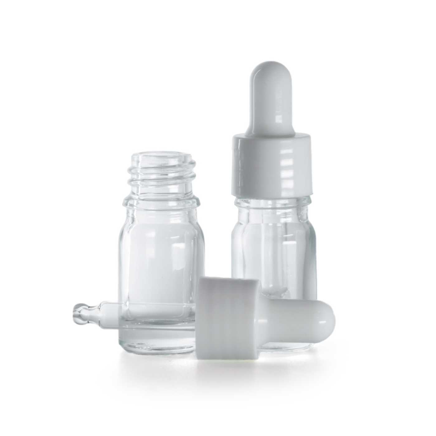Butelka szklana, przezroczysta, biały błyszczący kroplomierz, 5 ml