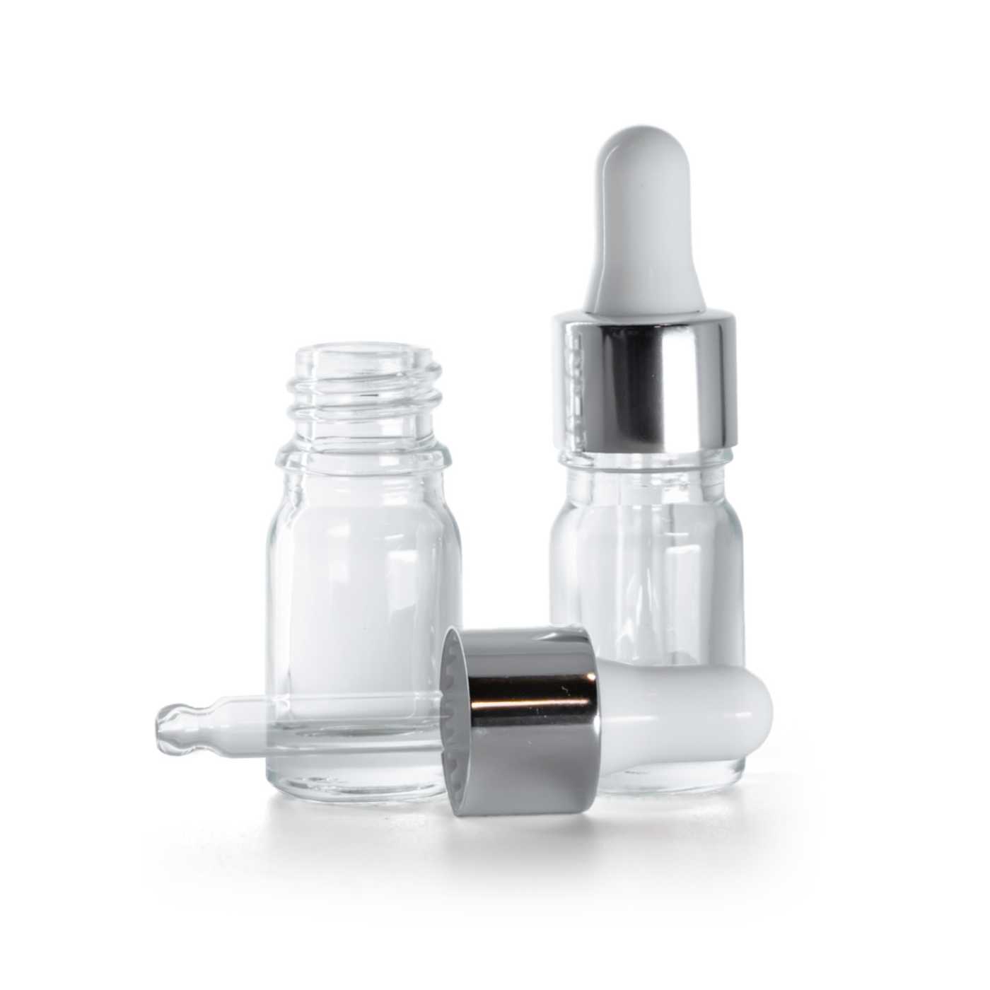 Sklenená fľaška, priehľadná, strieborné kvapátko, 5 ml