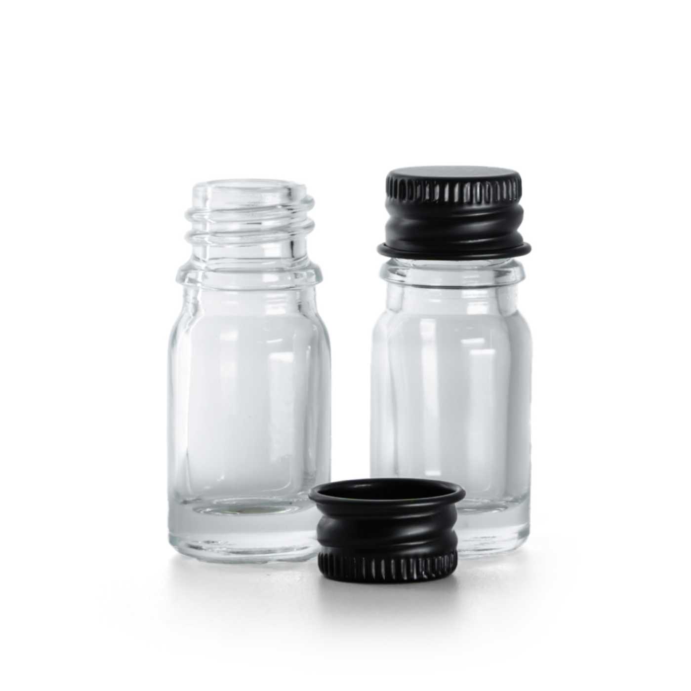 Sklenená fľaška, priehľadná, čierny hliníkový vrchnák, 5 ml