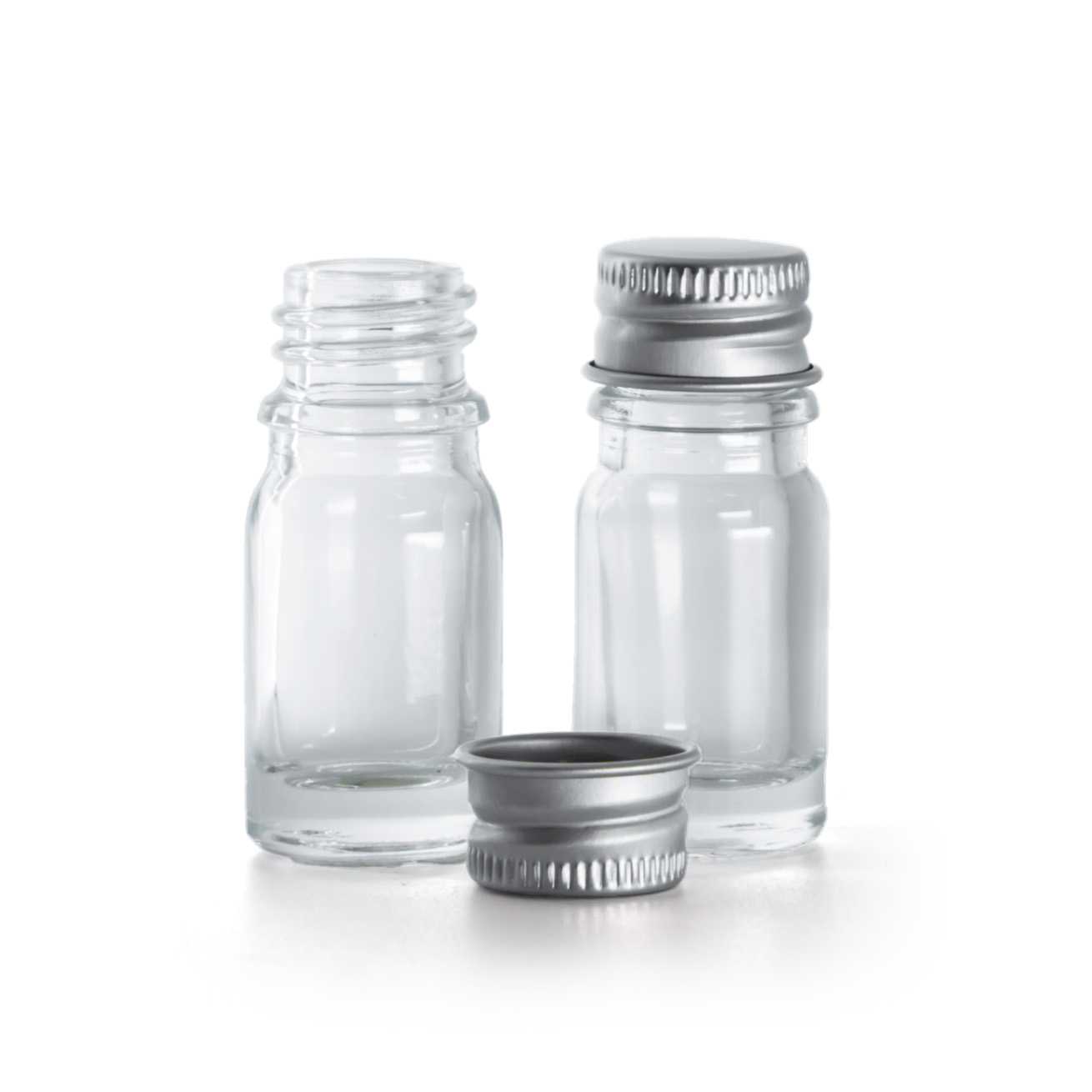 Sklenená fľaška, priehľadná, hliníkový vrchnák. 5 ml