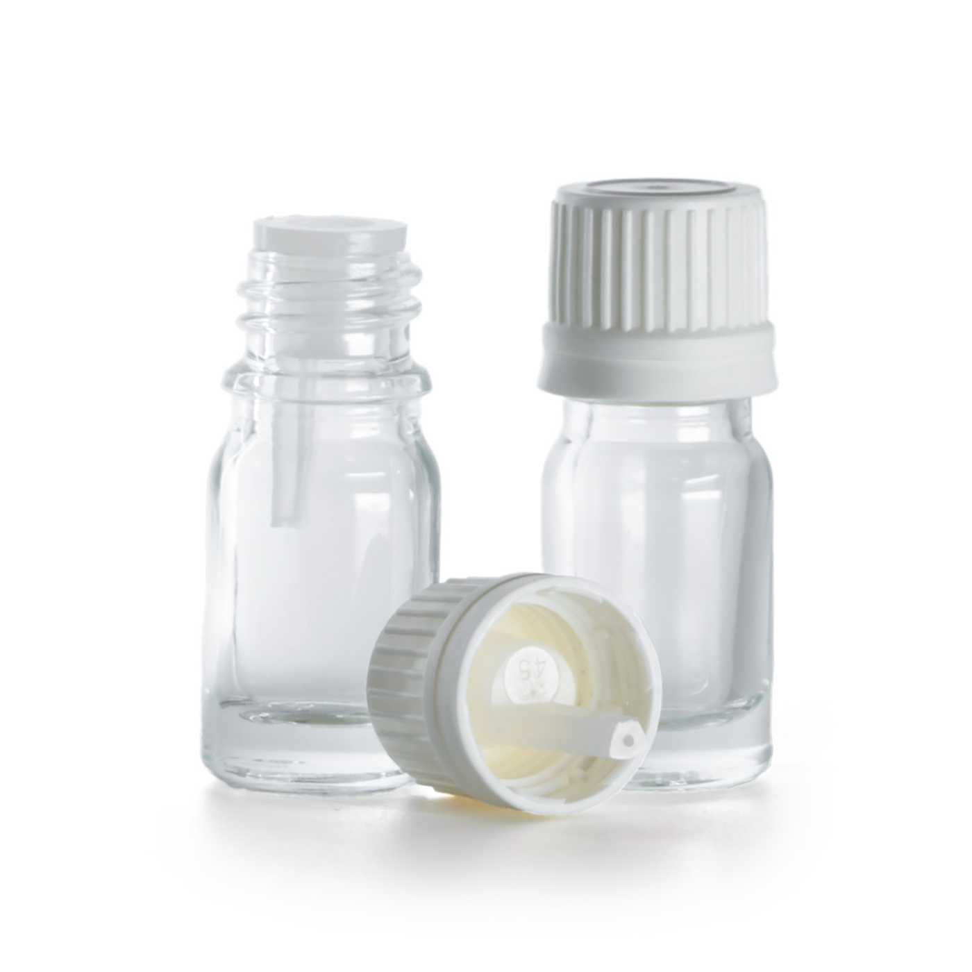 Sklenená fľaška, priehľadná, biely vrchnák s kvapátkom, 5 ml