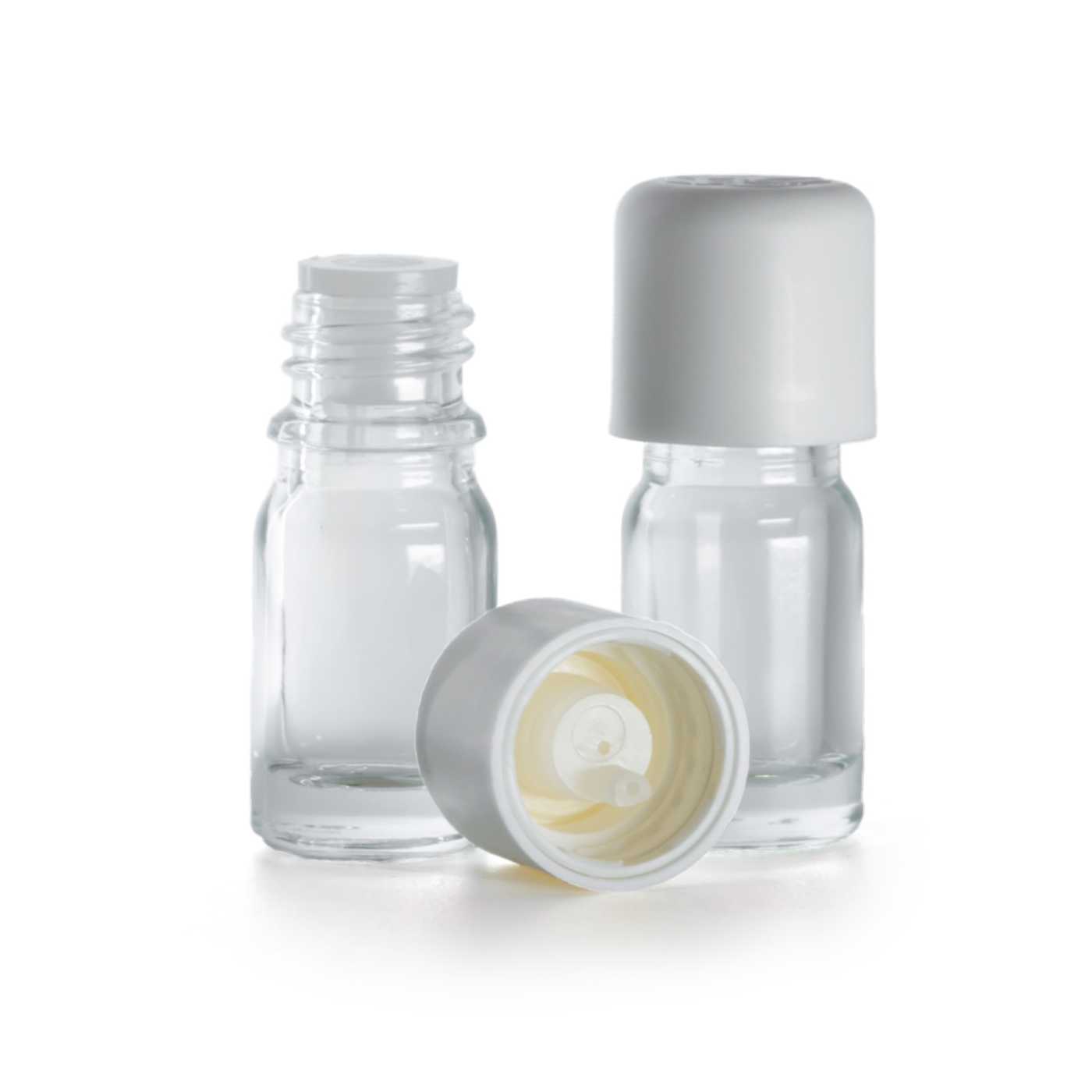 Sklenená fľaška, priehľadná, biely vrchnák s poistkou, 5 ml